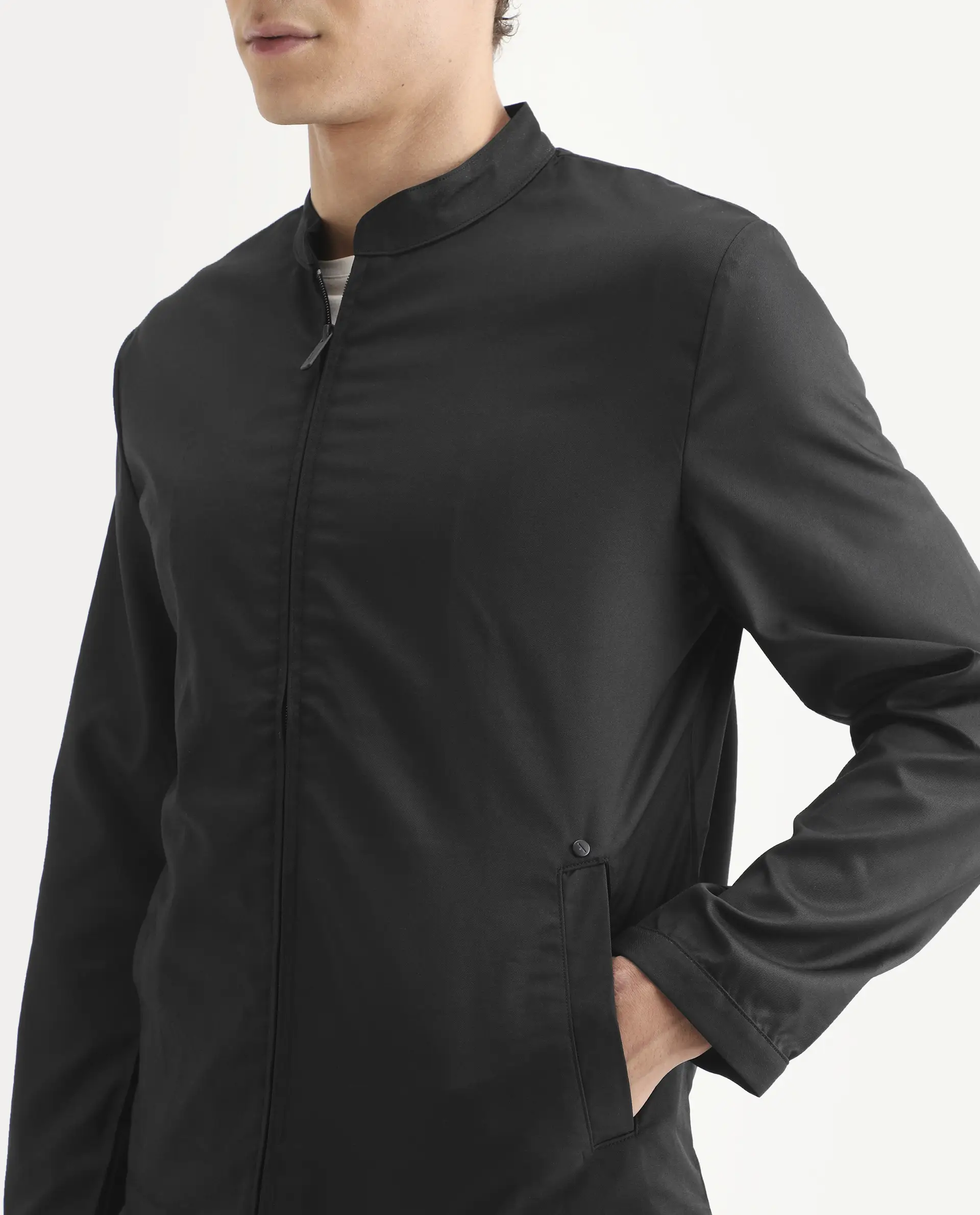 Rare Rabbit Men's Nimbus Black Plain Mandarin Collar Smart Twill Jacket - Image 3