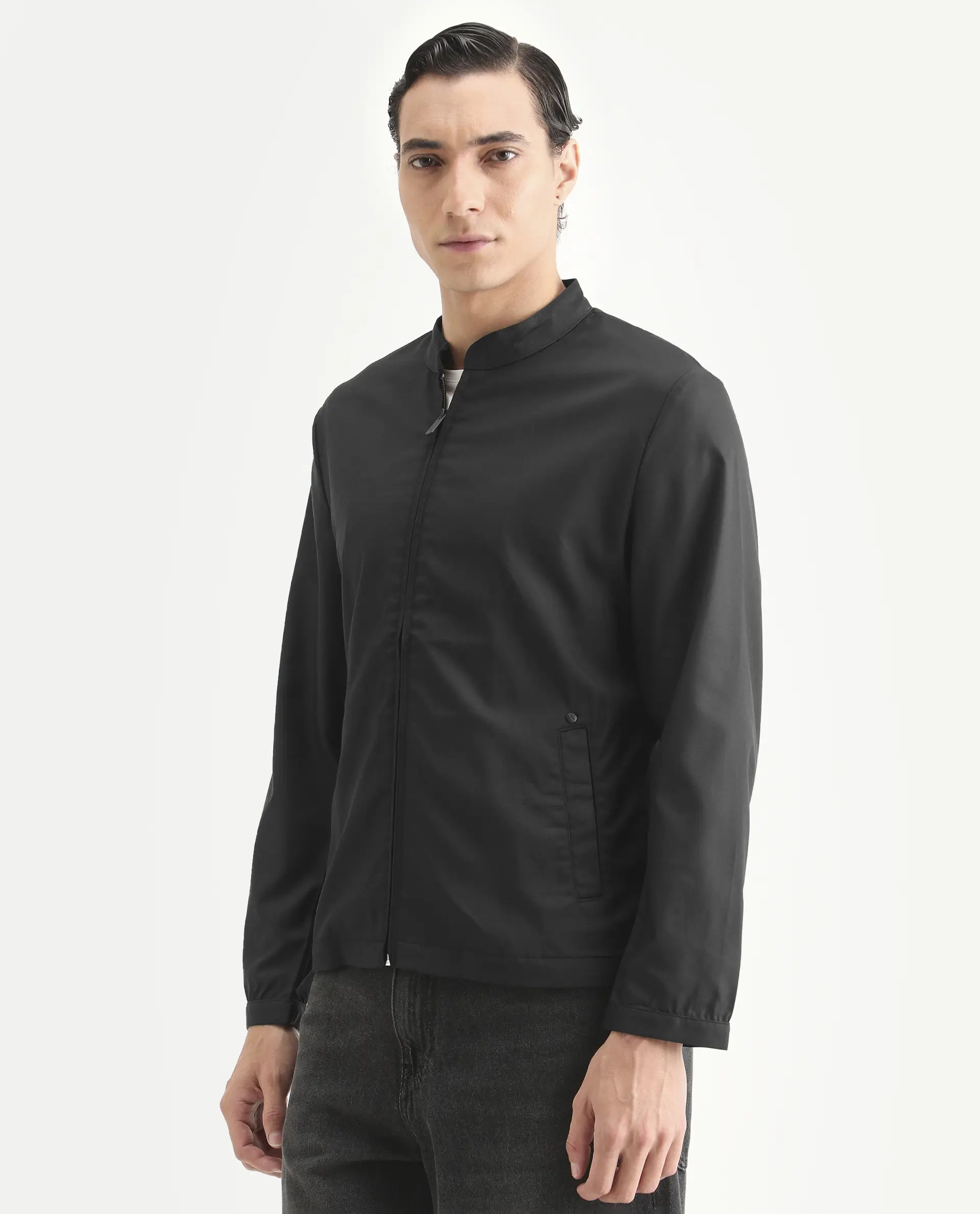 Rare Rabbit Men's Nimbus Black Plain Mandarin Collar Smart Twill Jacket - Image 4