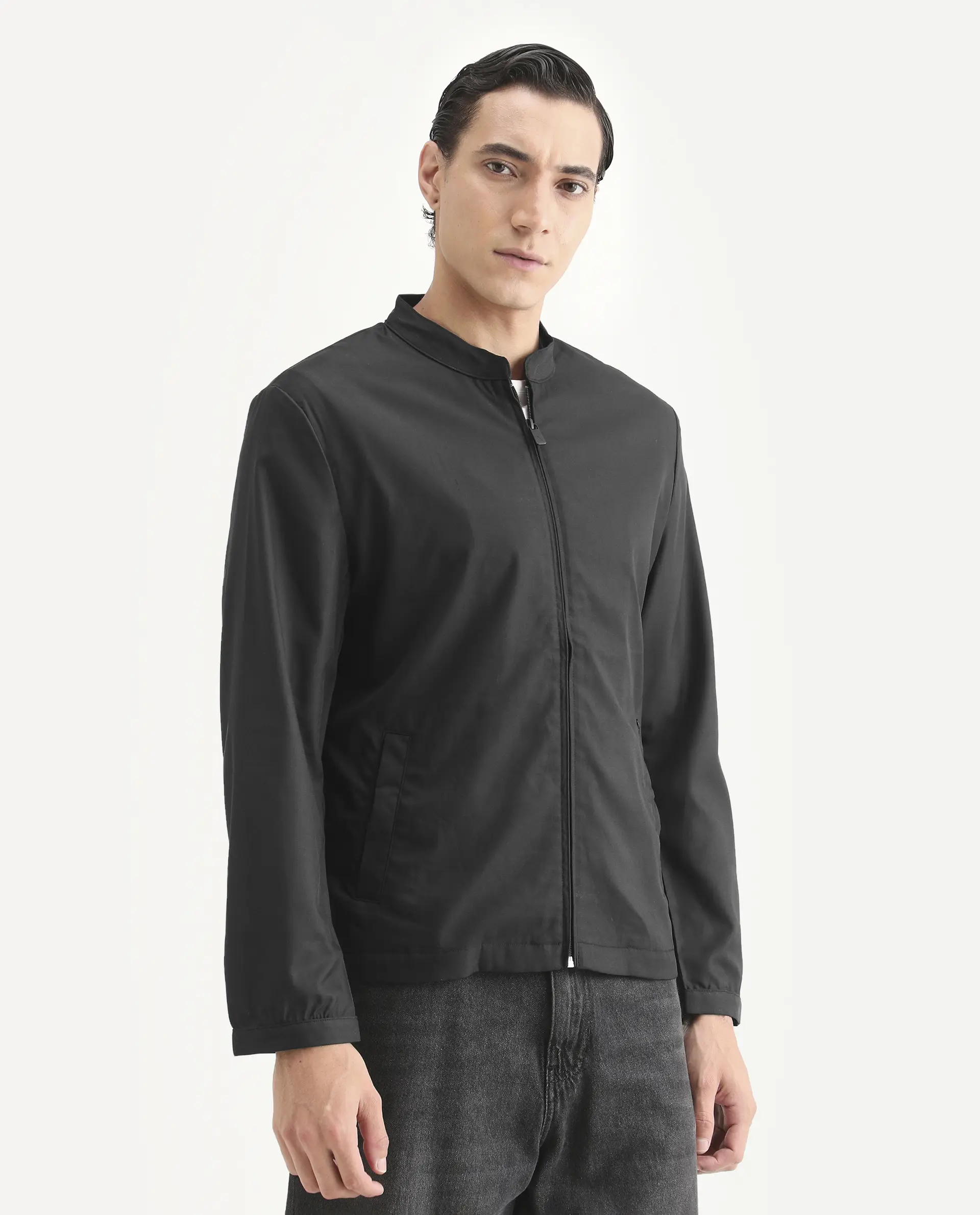 Rare Rabbit Men's Nimbus Black Plain Mandarin Collar Smart Twill Jacket - Image 5