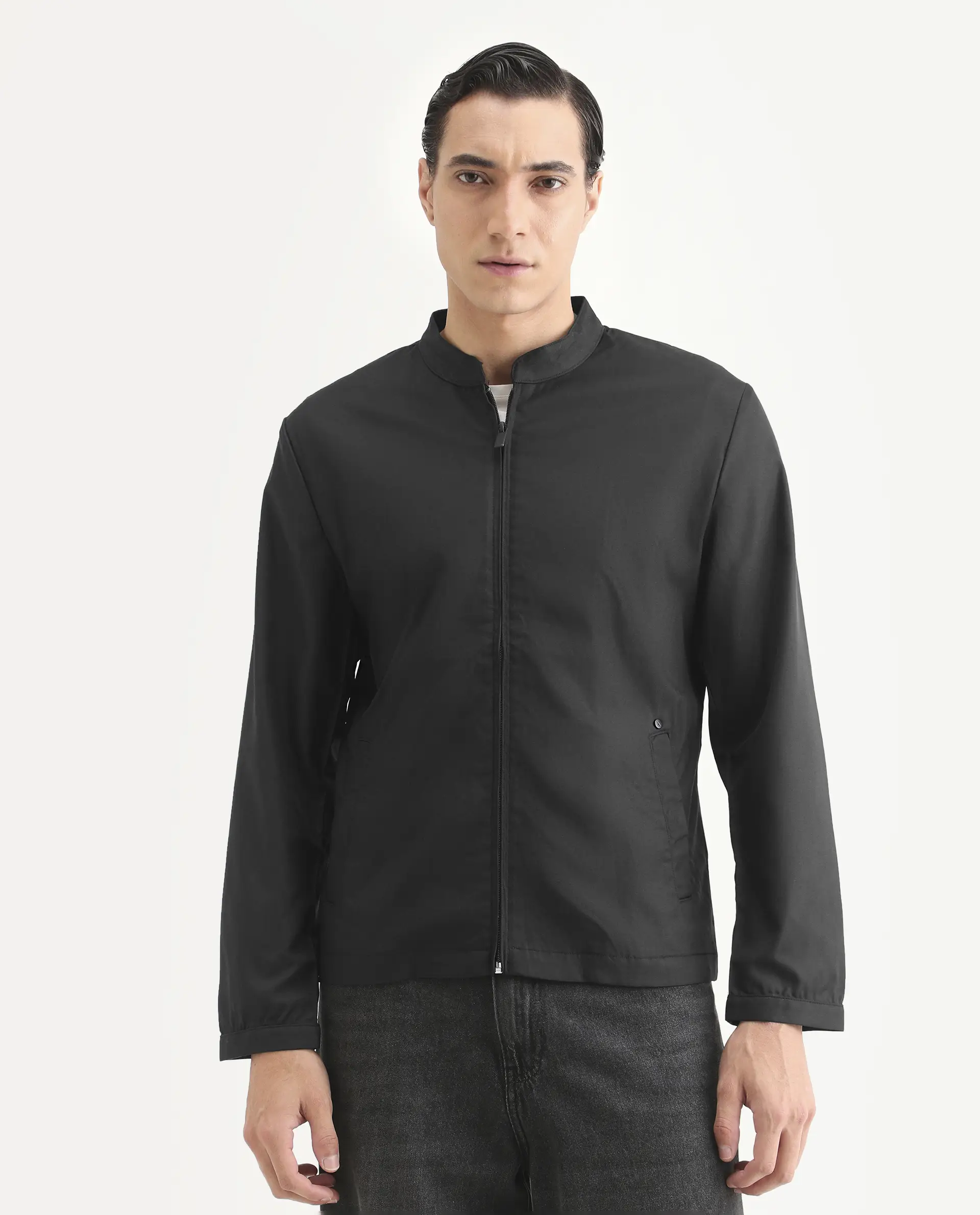 Rare Rabbit Men's Nimbus Black Plain Mandarin Collar Smart Twill Jacket - Image 6