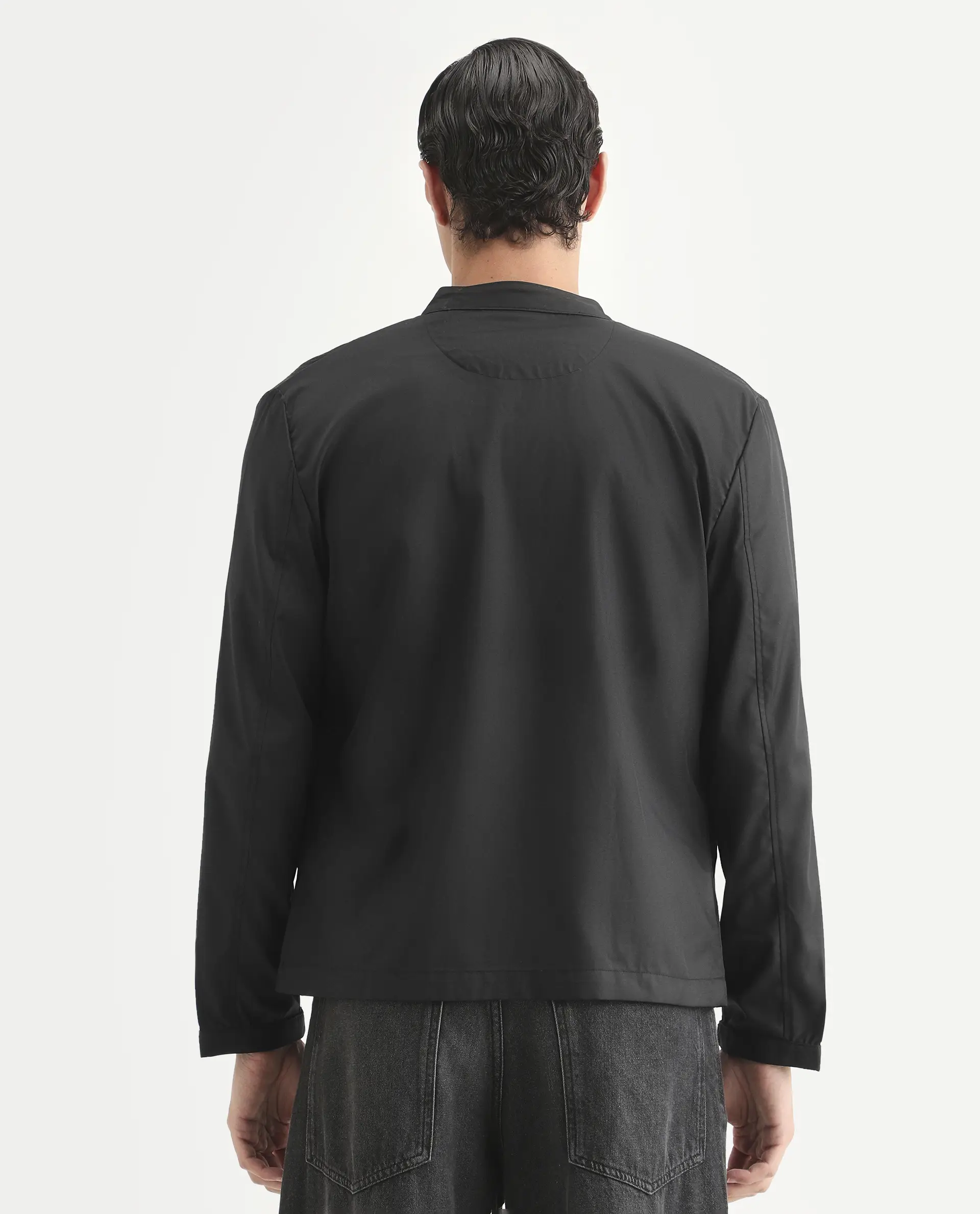 Rare Rabbit Men's Nimbus Black Plain Mandarin Collar Smart Twill Jacket - Image 7