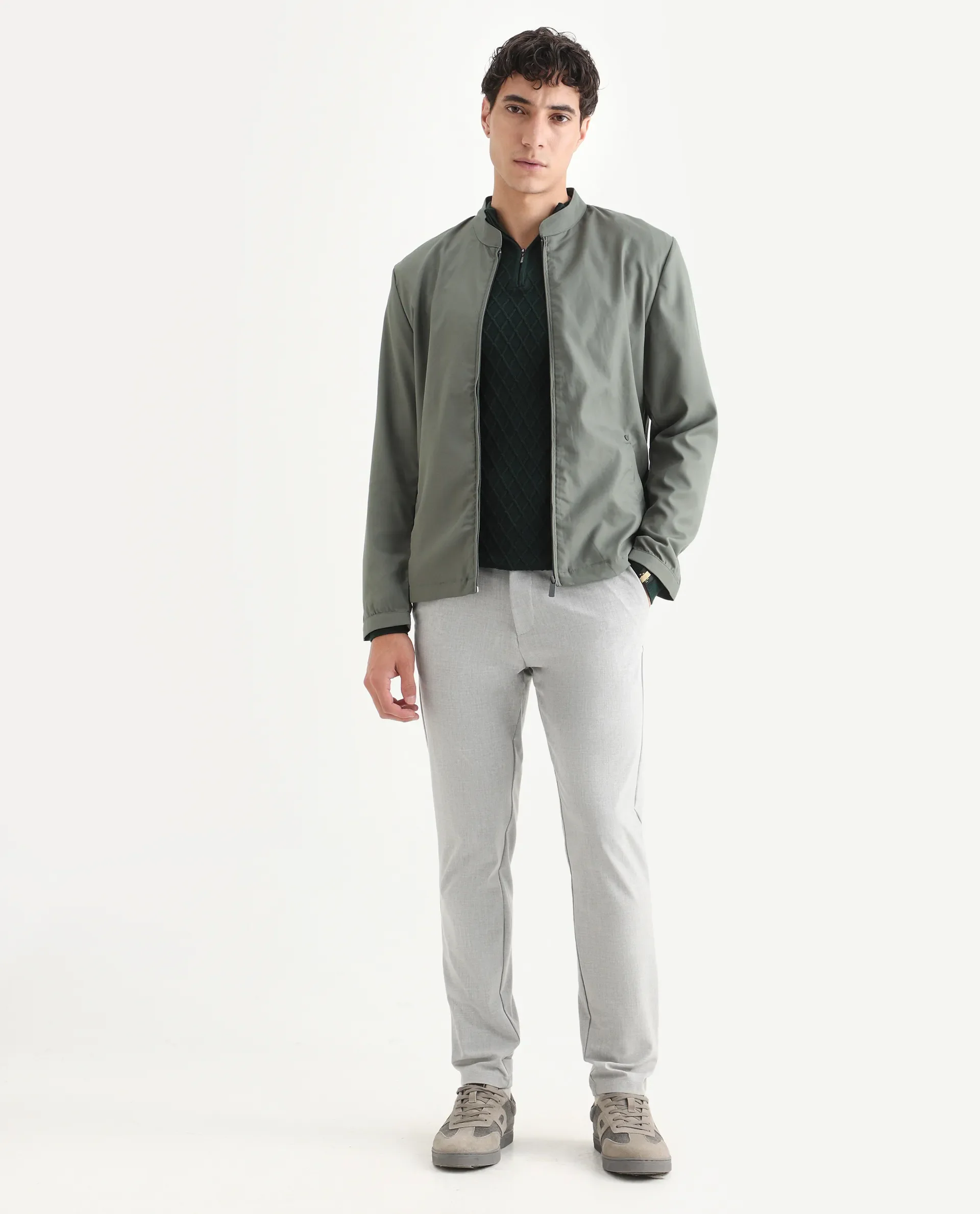 Rare Rabbit Mens Nimbus Dusky Green Jacket Cuffed Sleeve Mandarin Collar Solid - Image 2