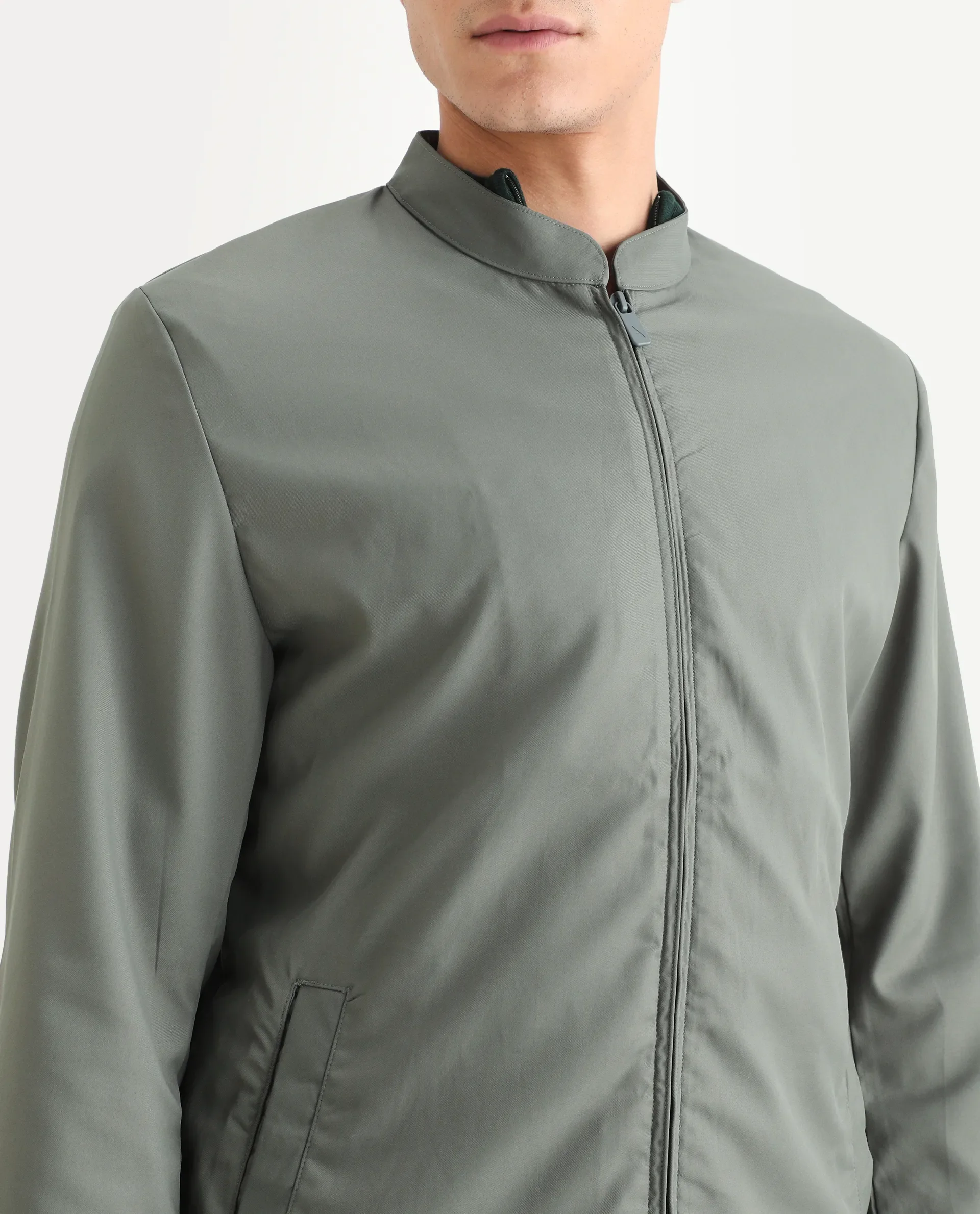 Rare Rabbit Mens Nimbus Dusky Green Jacket Cuffed Sleeve Mandarin Collar Solid - Image 3