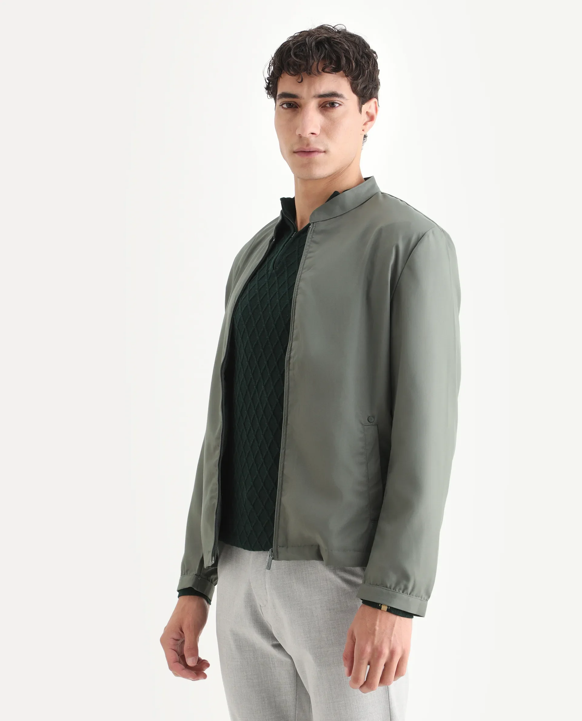 Rare Rabbit Mens Nimbus Dusky Green Jacket Cuffed Sleeve Mandarin Collar Solid - Image 4