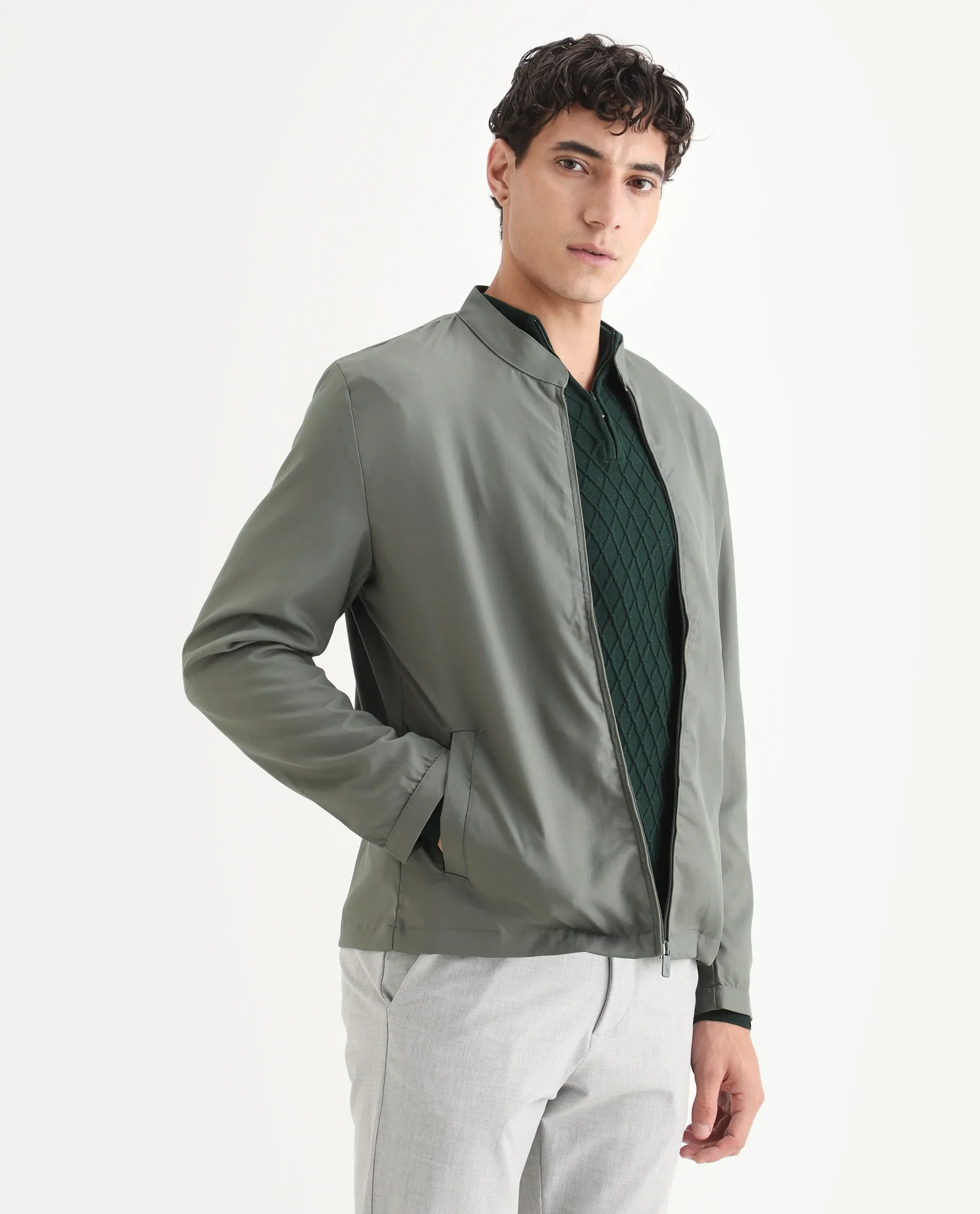 Rare Rabbit Mens Nimbus Dusky Green Jacket Cuffed Sleeve Mandarin Collar Solid - Image 5