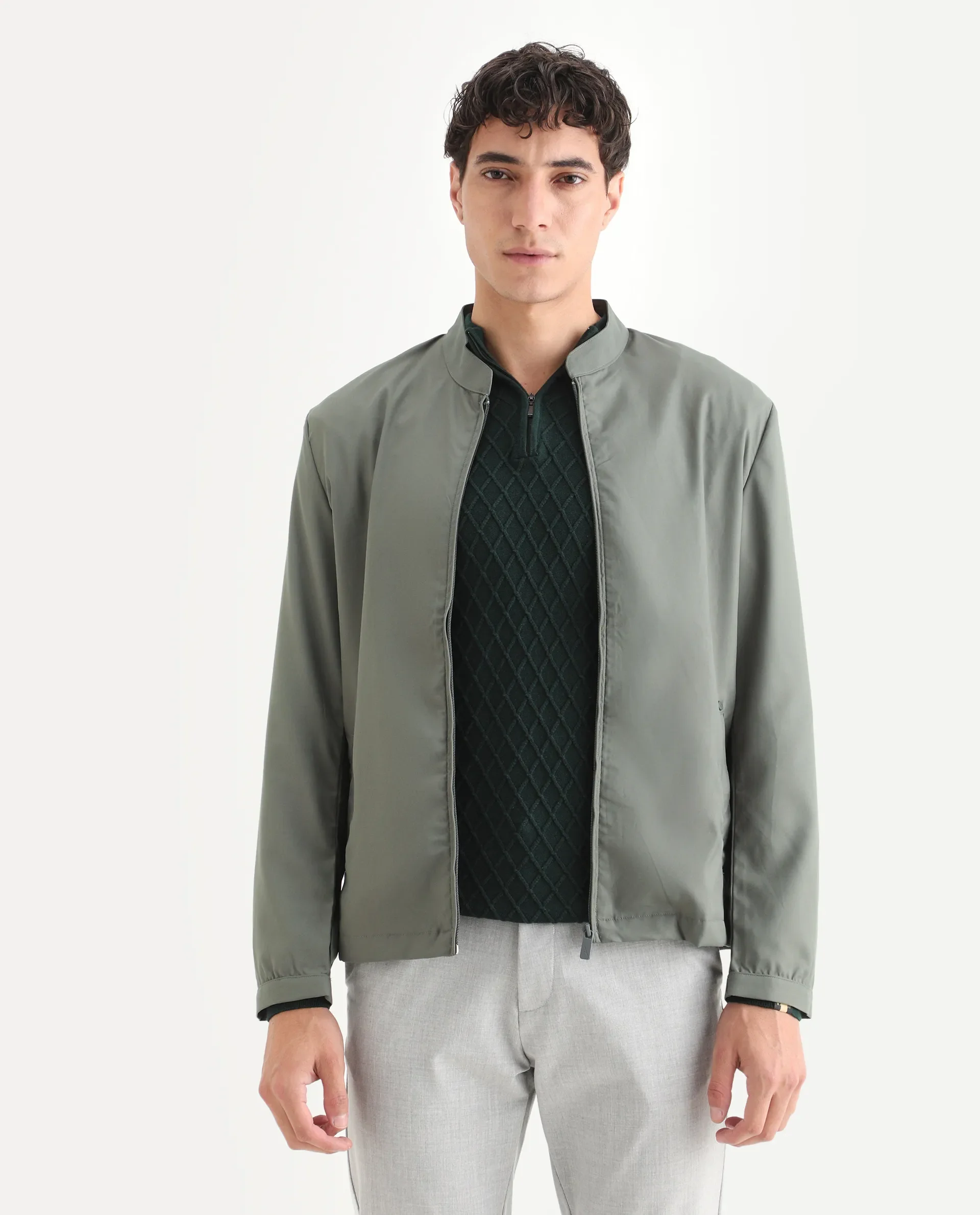 Rare Rabbit Mens Nimbus Dusky Green Jacket Cuffed Sleeve Mandarin Collar Solid - Image 6