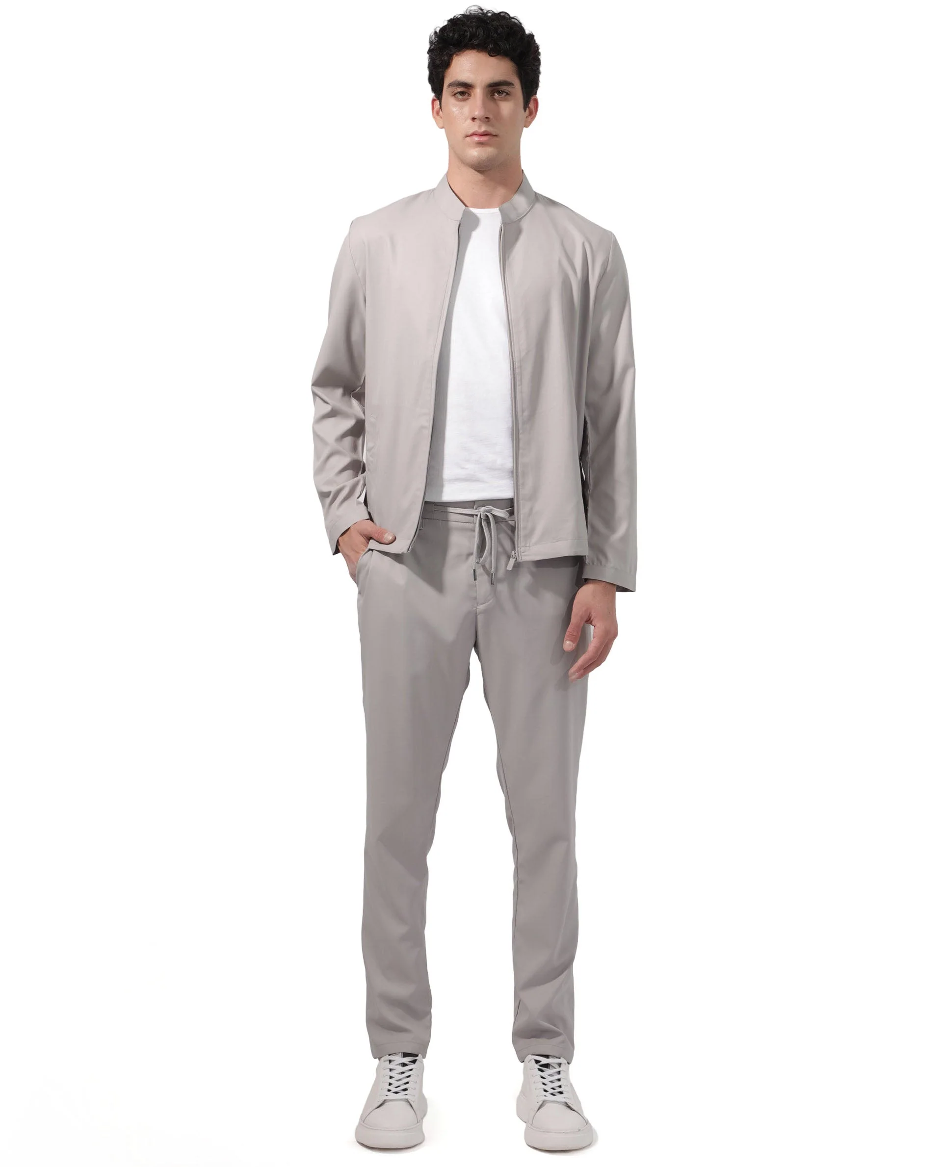 Rare Rabbit Men's Nimbus Light Grey Plain Mandarin Collar Smart Twill Jacket - Image 11