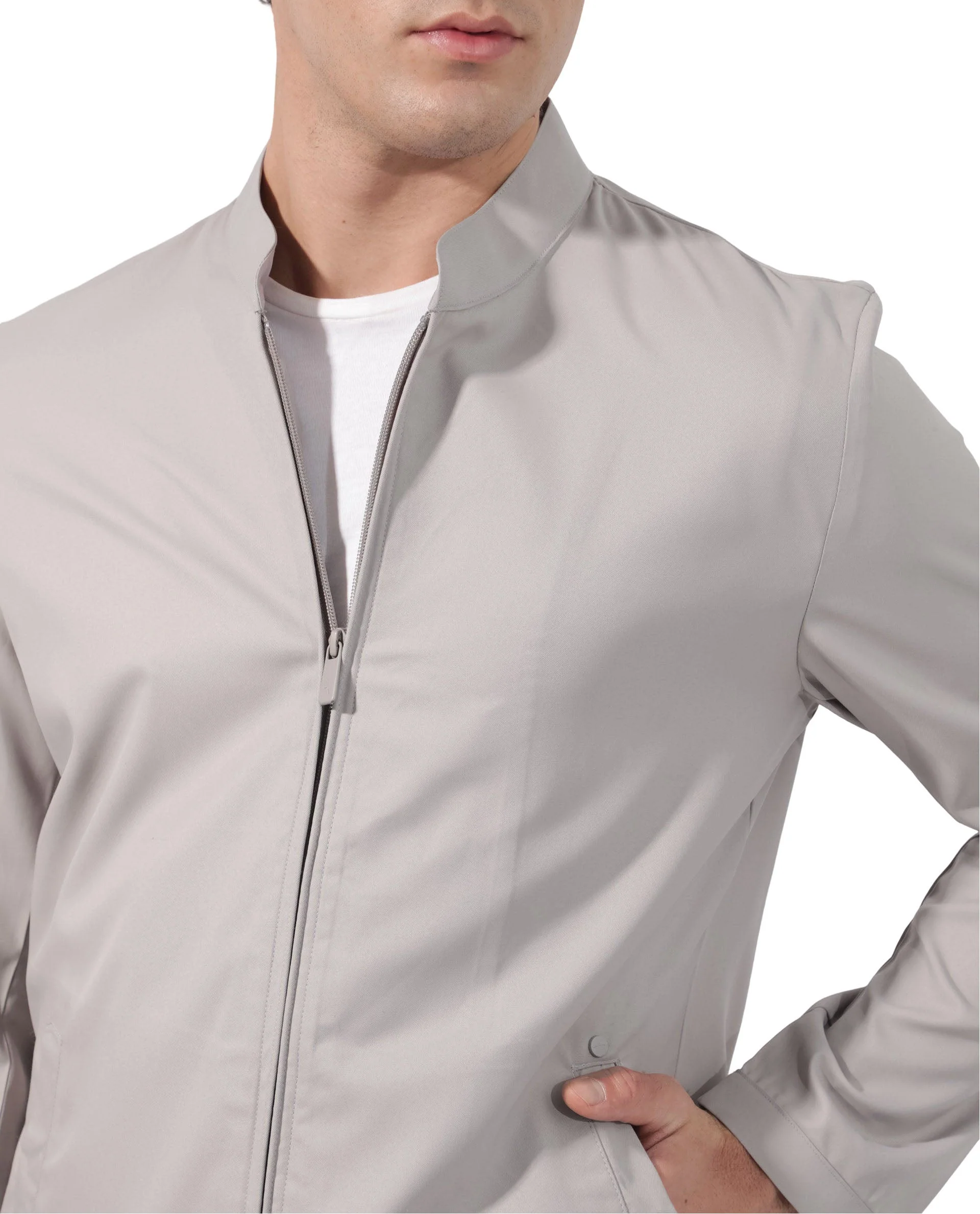 Rare Rabbit Men's Nimbus Light Grey Plain Mandarin Collar Smart Twill Jacket - Image 3