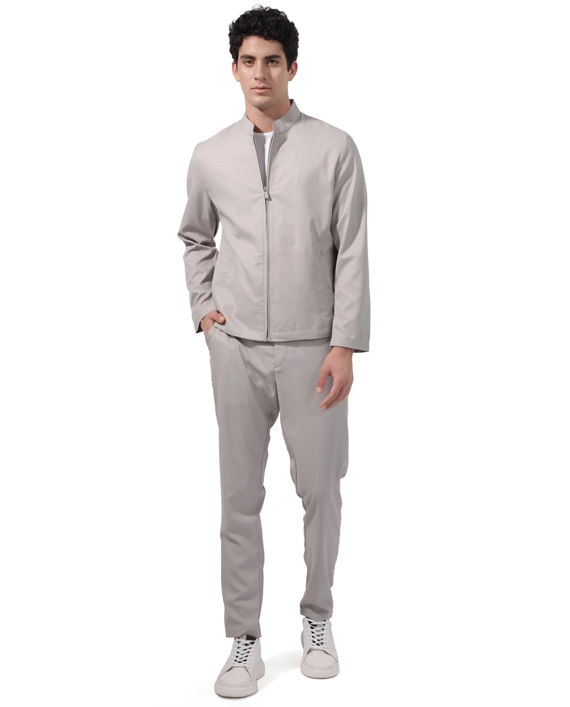 Rare Rabbit Men's Nimbus Light Grey Plain Mandarin Collar Smart Twill Jacket - Image 4