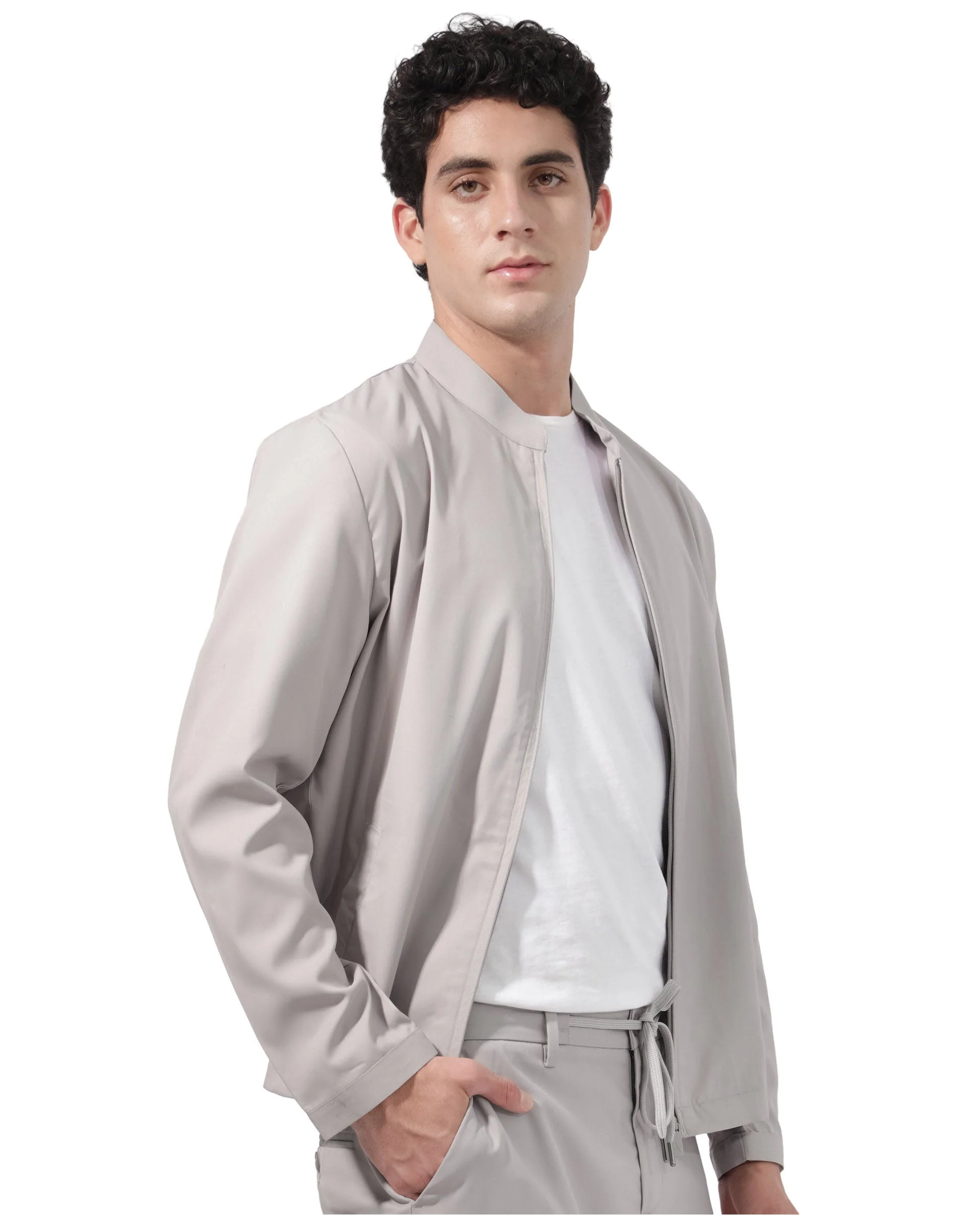 Rare Rabbit Men's Nimbus Light Grey Plain Mandarin Collar Smart Twill Jacket - Image 7