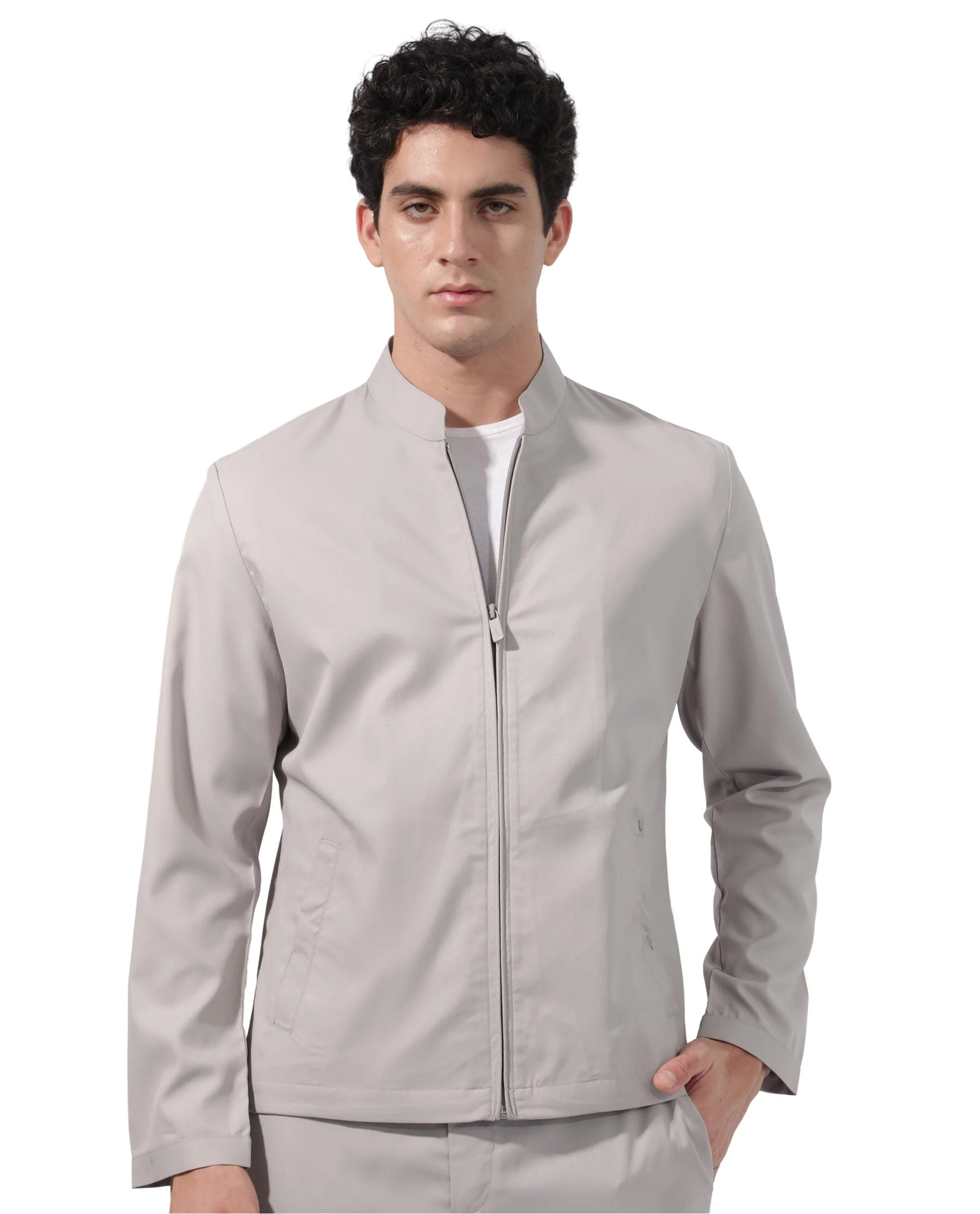 Rare Rabbit Men's Nimbus Light Grey Plain Mandarin Collar Smart Twill Jacket - Image 9