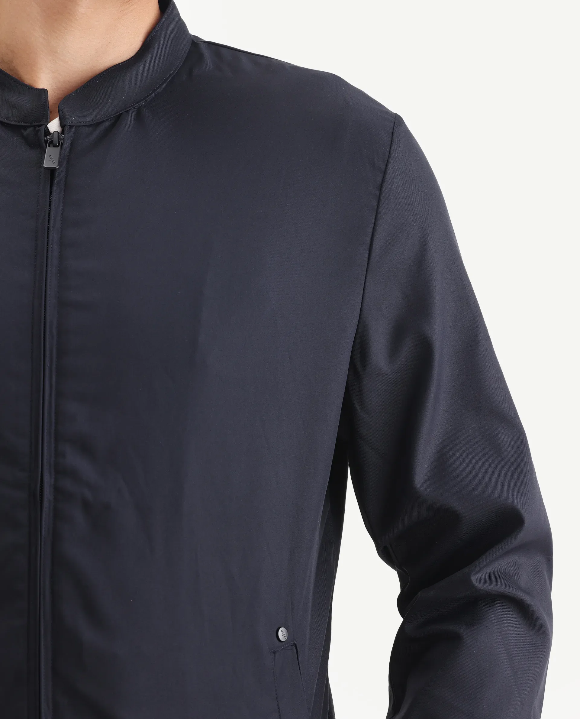 Rare Rabbit Men's Nimbus Navy Plain Mandarin Collar Smart Twill Jacket - Image 3