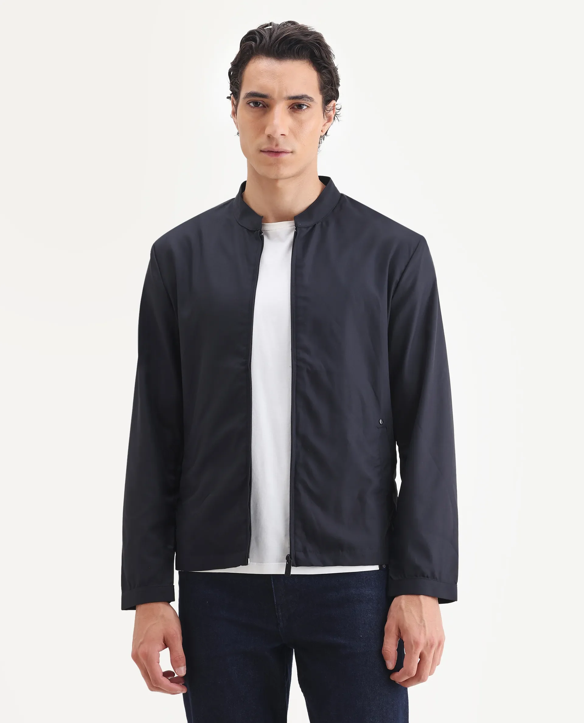 Rare Rabbit Men's Nimbus Navy Plain Mandarin Collar Smart Twill Jacket - Image 4