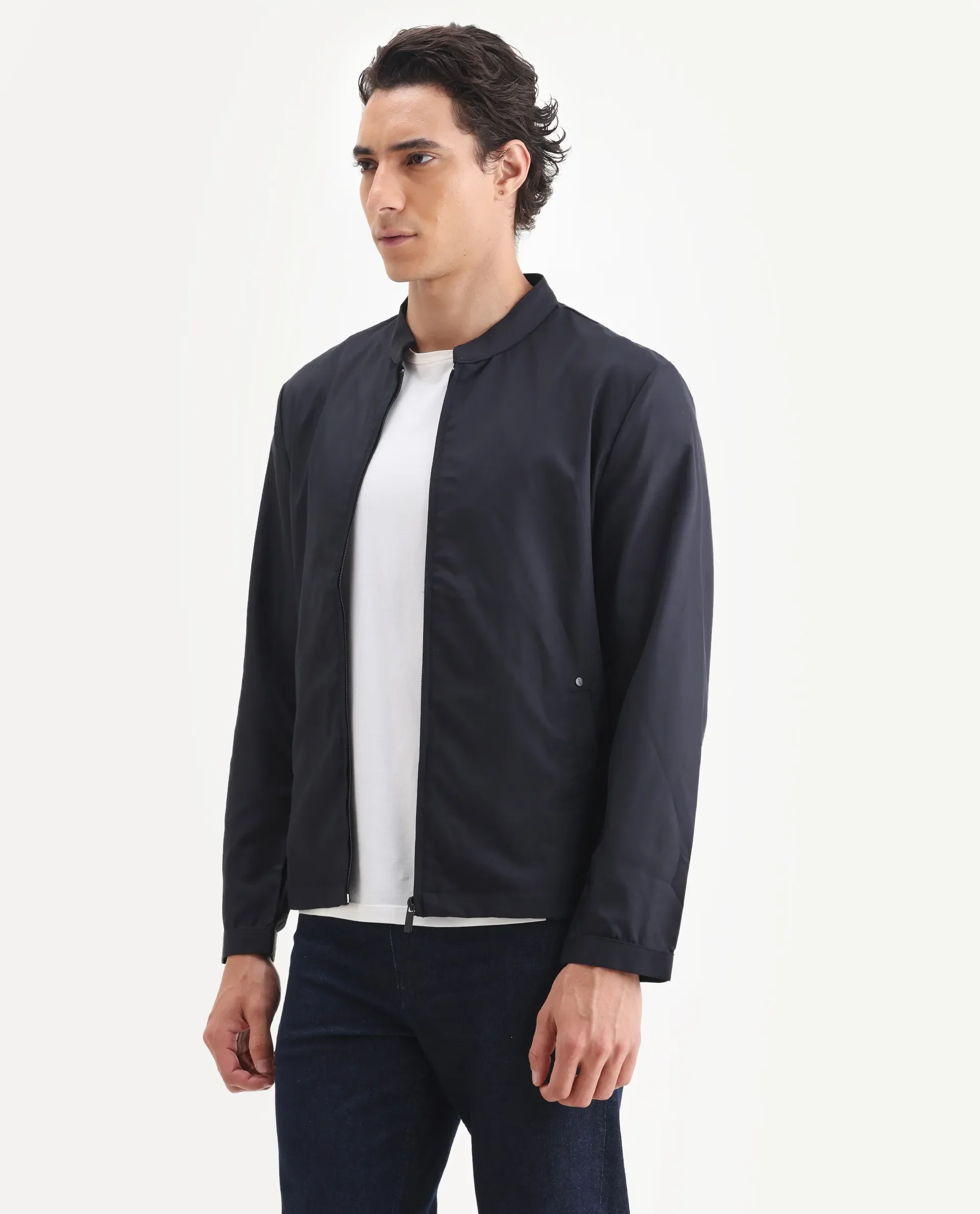 Rare Rabbit Men's Nimbus Navy Plain Mandarin Collar Smart Twill Jacket - Image 5