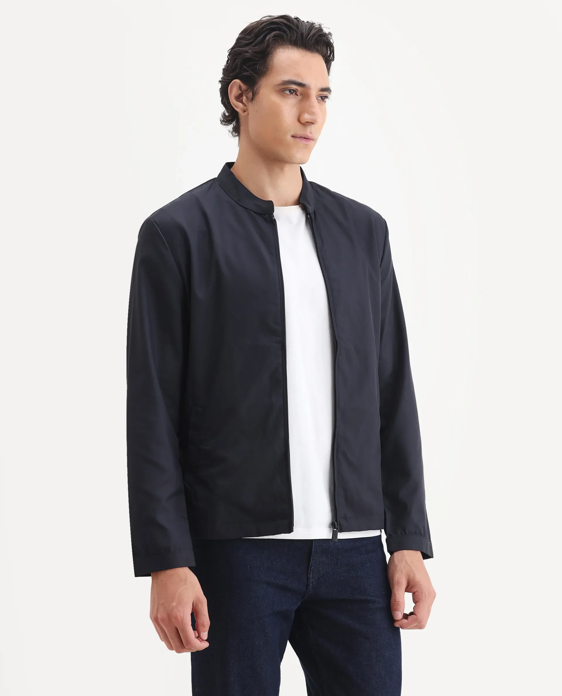 Rare Rabbit Men's Nimbus Navy Plain Mandarin Collar Smart Twill Jacket - Image 6