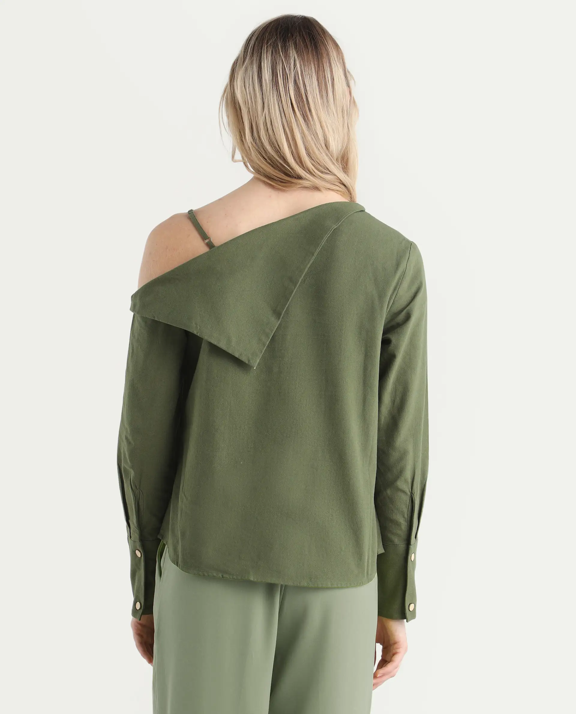 Rareism Women's Nimlu Green Cotton Collarless Plain Cuffed Sleeve Regular Fit Top - Image 8