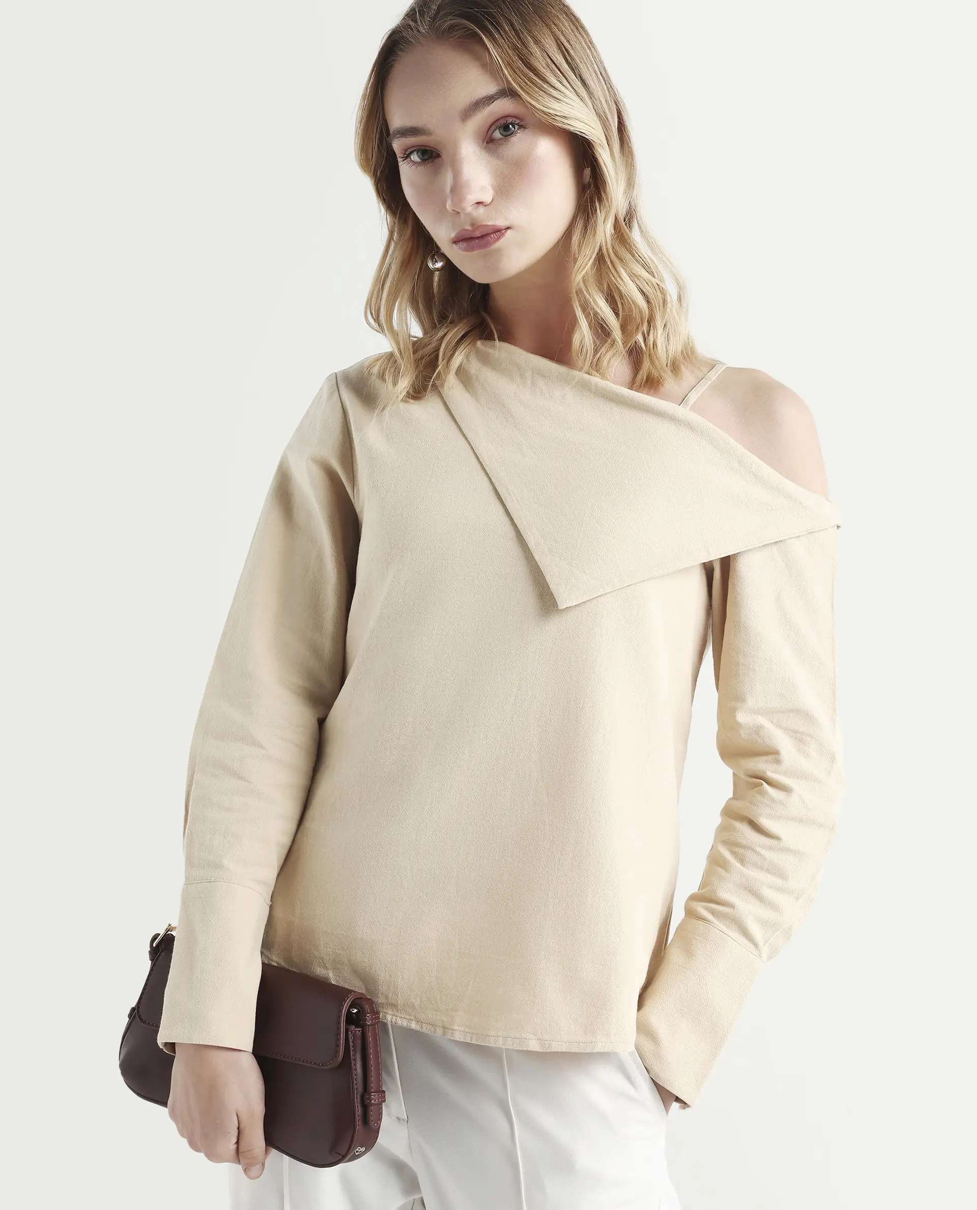 Rareism Women's Nimlu Light Sand Cotton Collarless Plain Cuffed Sleeve Regular Fit Top