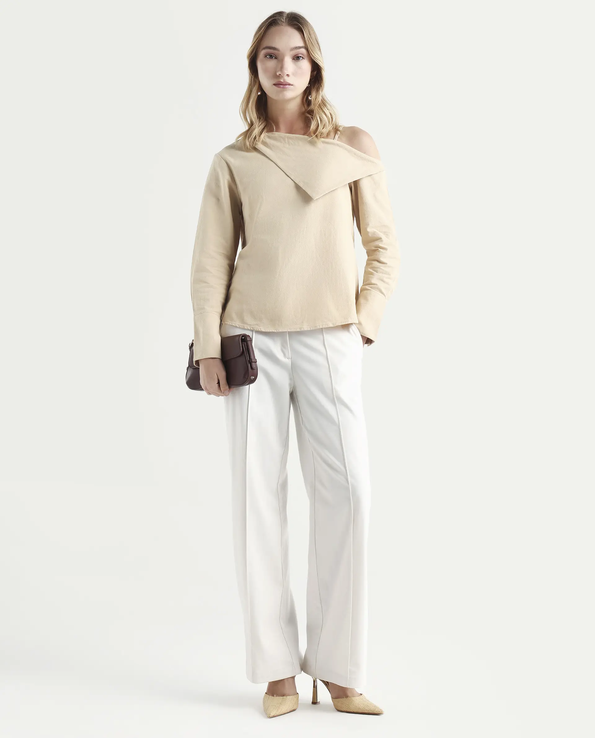 Rareism Women's Nimlu Light Sand Cotton Collarless Plain Cuffed Sleeve Regular Fit Top - Image 2