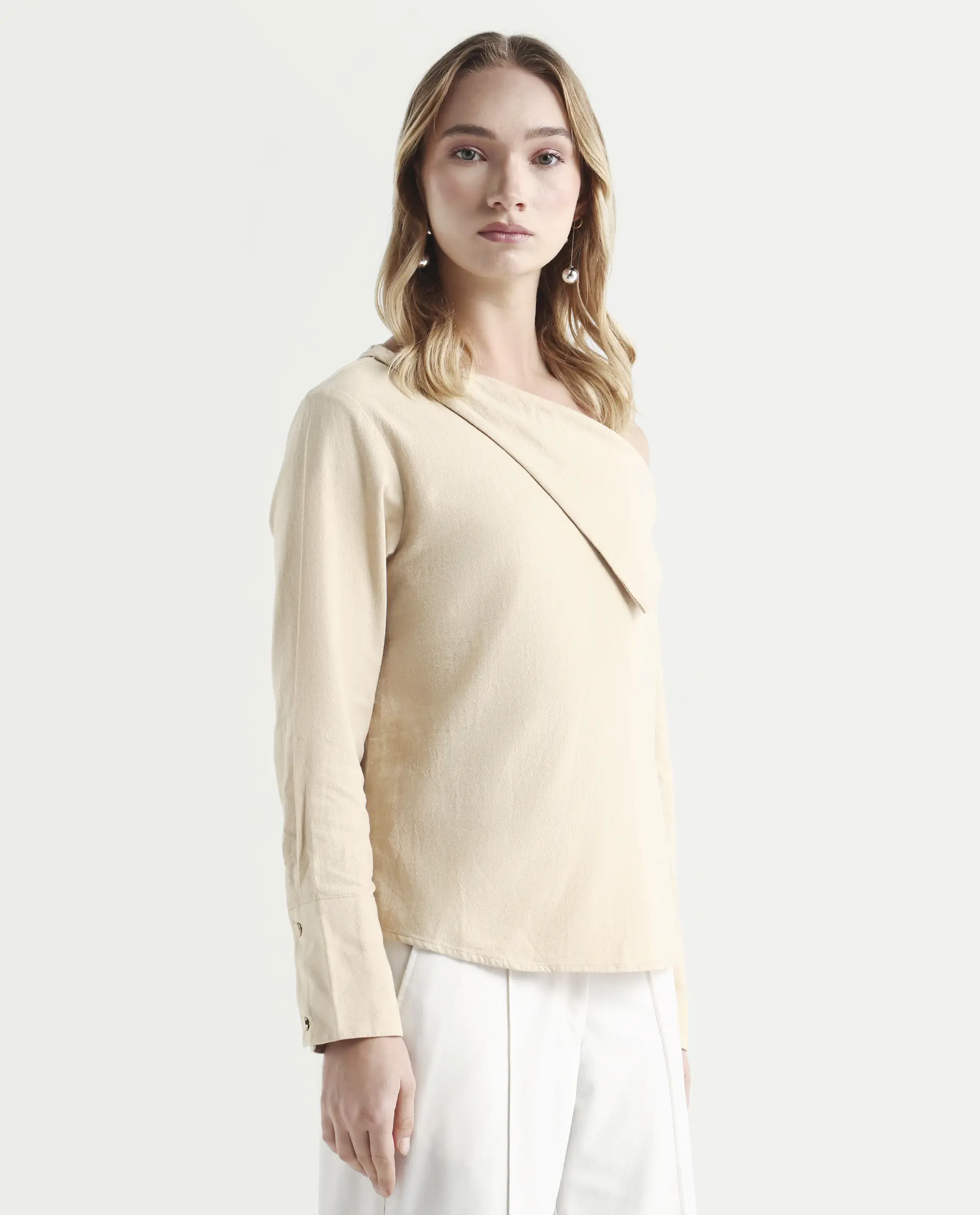 Rareism Women's Nimlu Light Sand Cotton Collarless Plain Cuffed Sleeve Regular Fit Top - Image 5