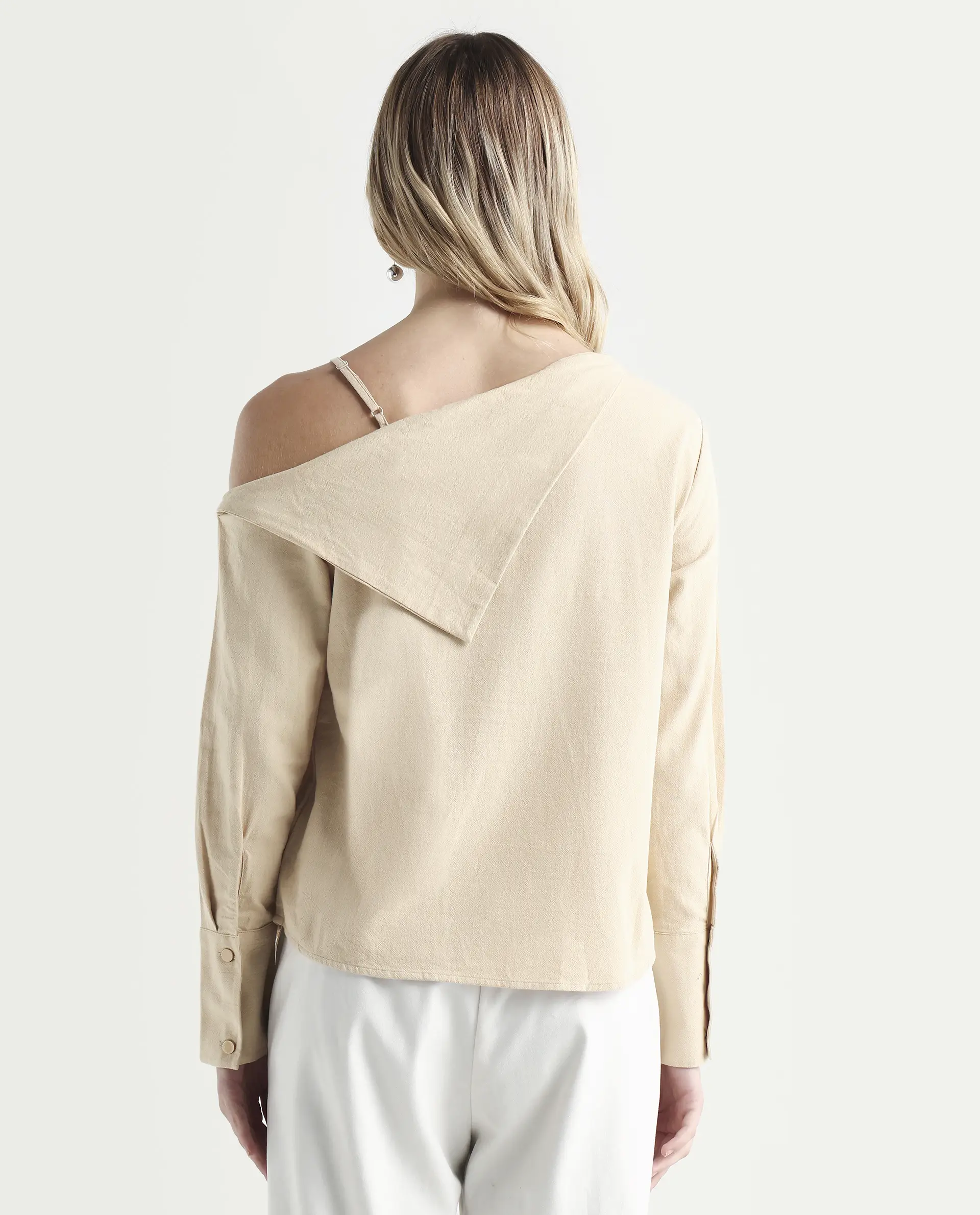 Rareism Women's Nimlu Light Sand Cotton Collarless Plain Cuffed Sleeve Regular Fit Top - Image 7