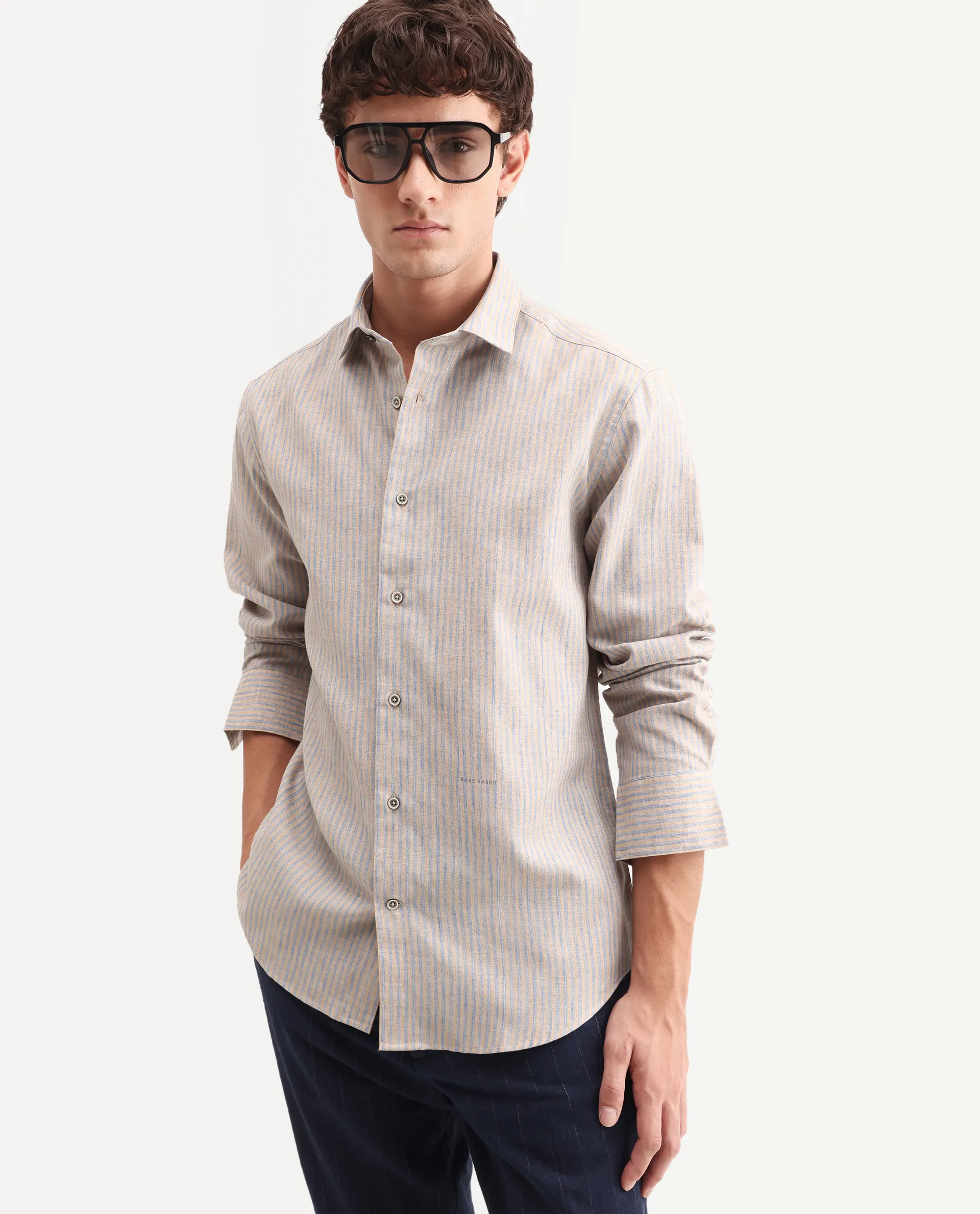Rare Rabbit Men's Nimrod Flouroscent Blue Polyester Blend Fabric Full Sleeve Regular Fit Striped Shirt