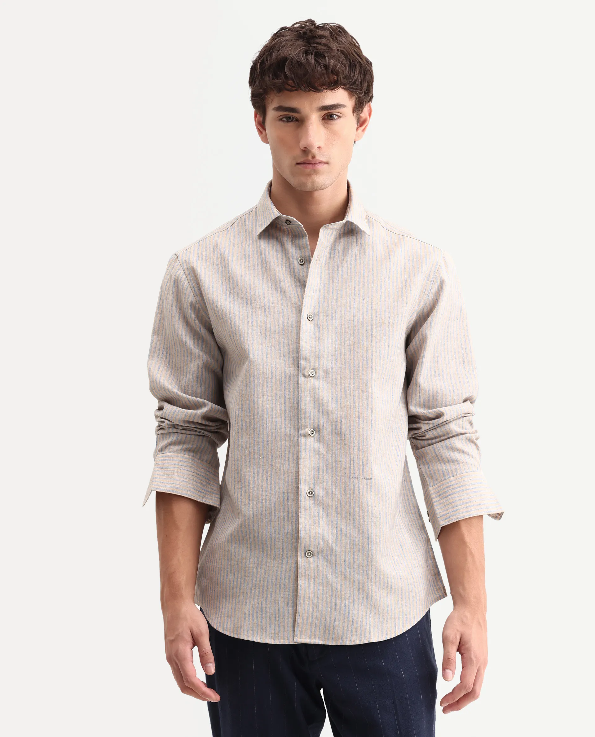 Rare Rabbit Men's Nimrod Flouroscent Blue Polyester Blend Fabric Full Sleeve Regular Fit Striped Shirt - Image 4