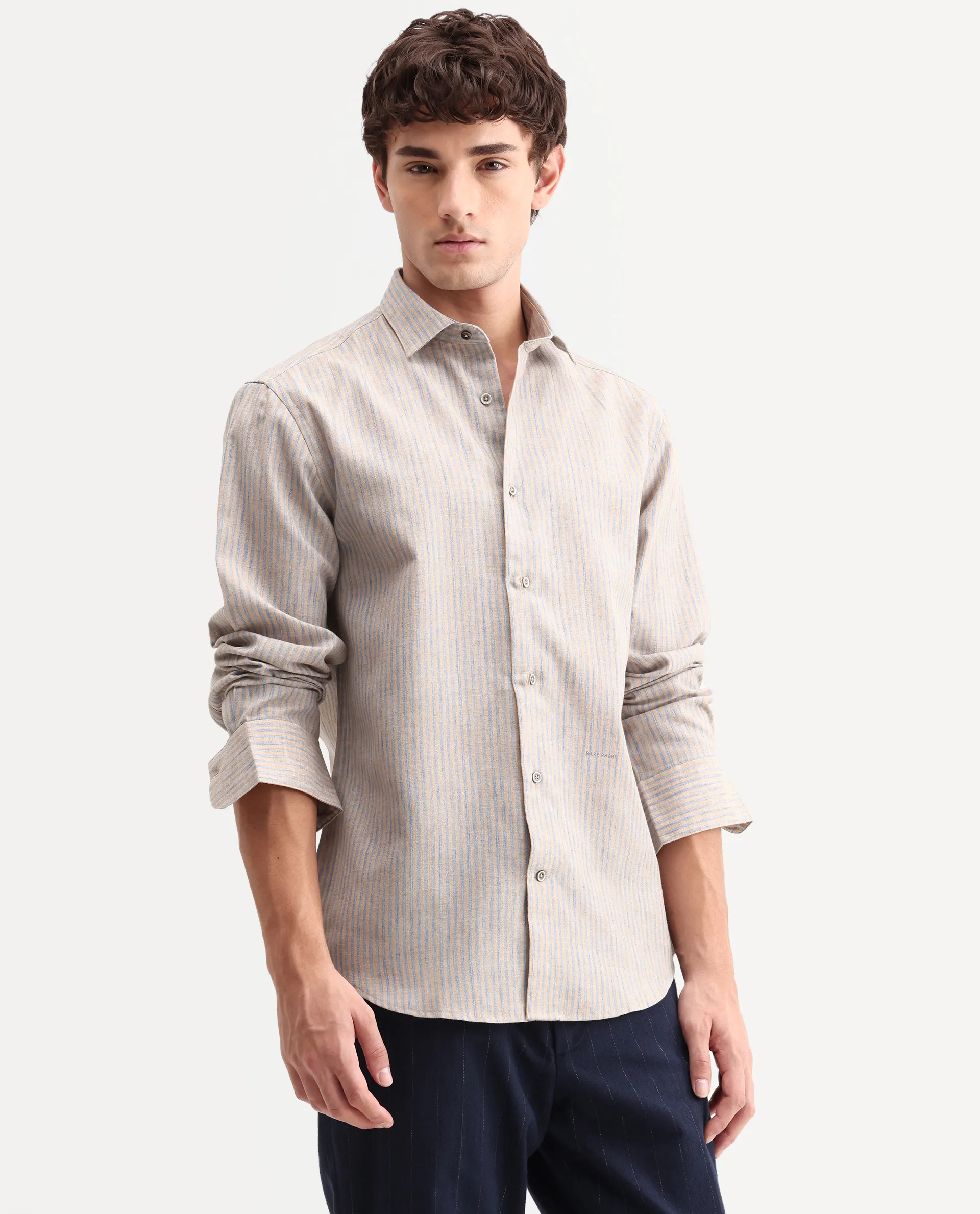 Rare Rabbit Men's Nimrod Flouroscent Blue Polyester Blend Fabric Full Sleeve Regular Fit Striped Shirt - Image 5