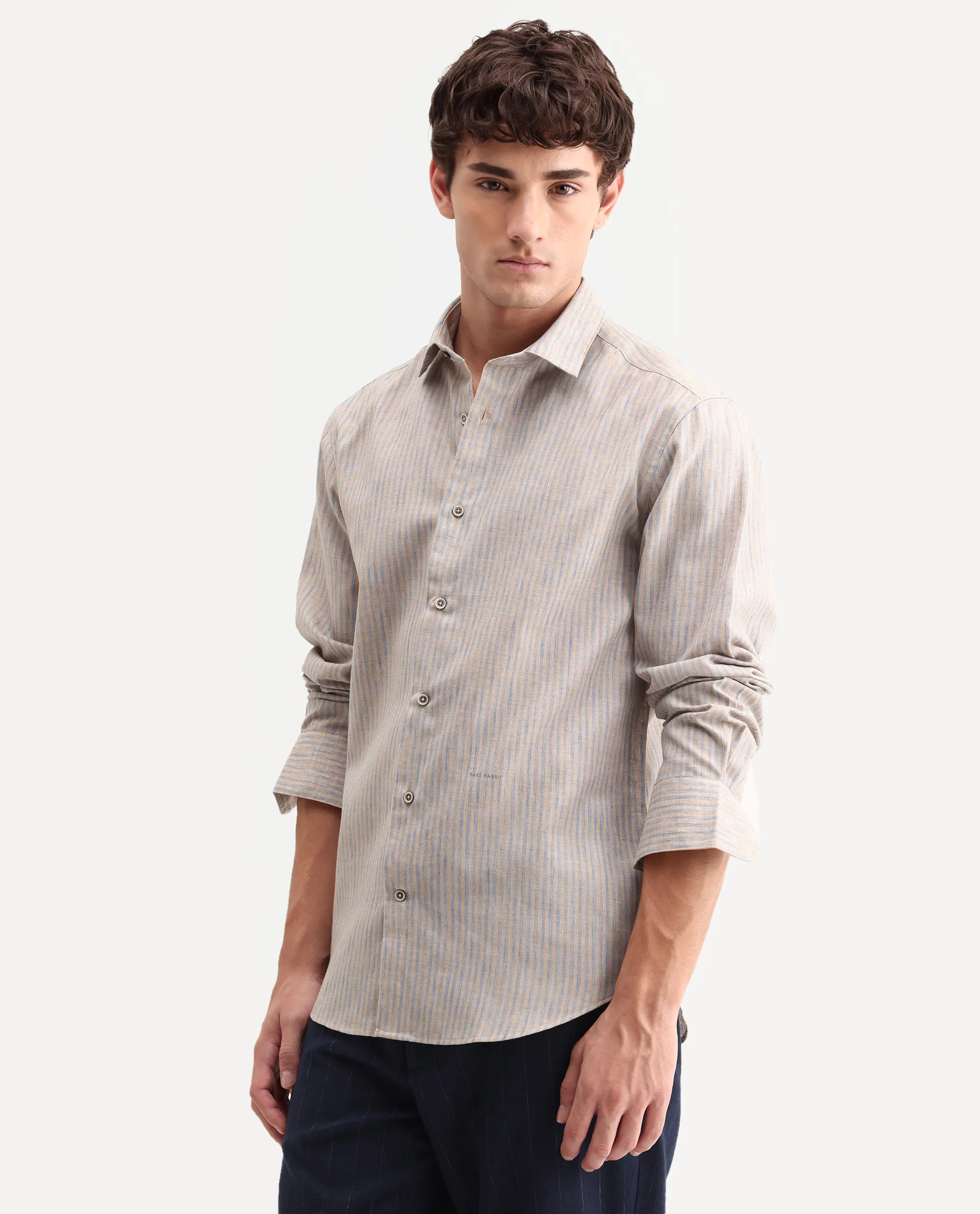 Rare Rabbit Men's Nimrod Flouroscent Blue Polyester Blend Fabric Full Sleeve Regular Fit Striped Shirt - Image 6