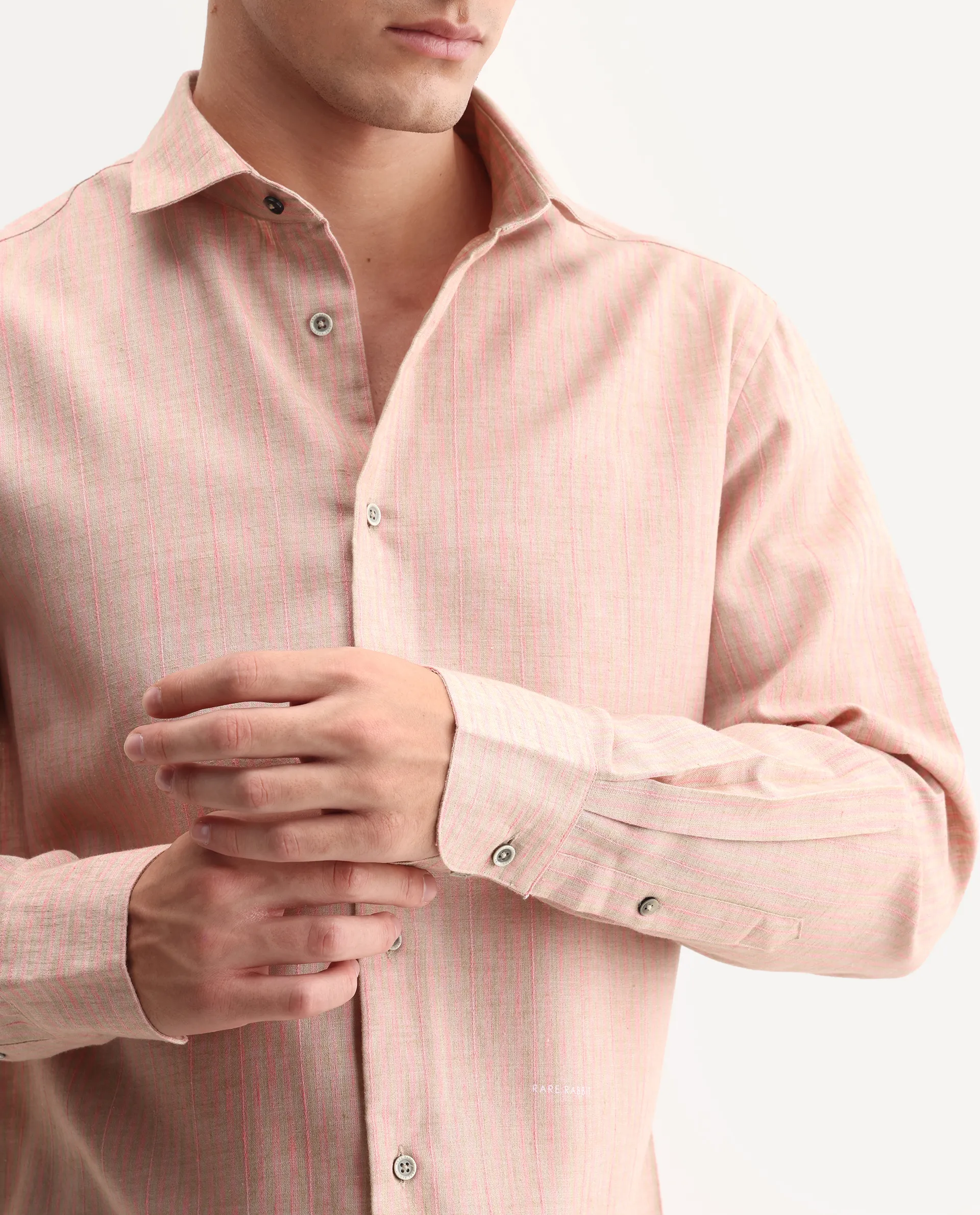 Rare Rabbit Men's Nimrod Flouroscent Pink Polyester Blend Fabric Full Sleeve Regular Fit Striped Shirt - Image 3