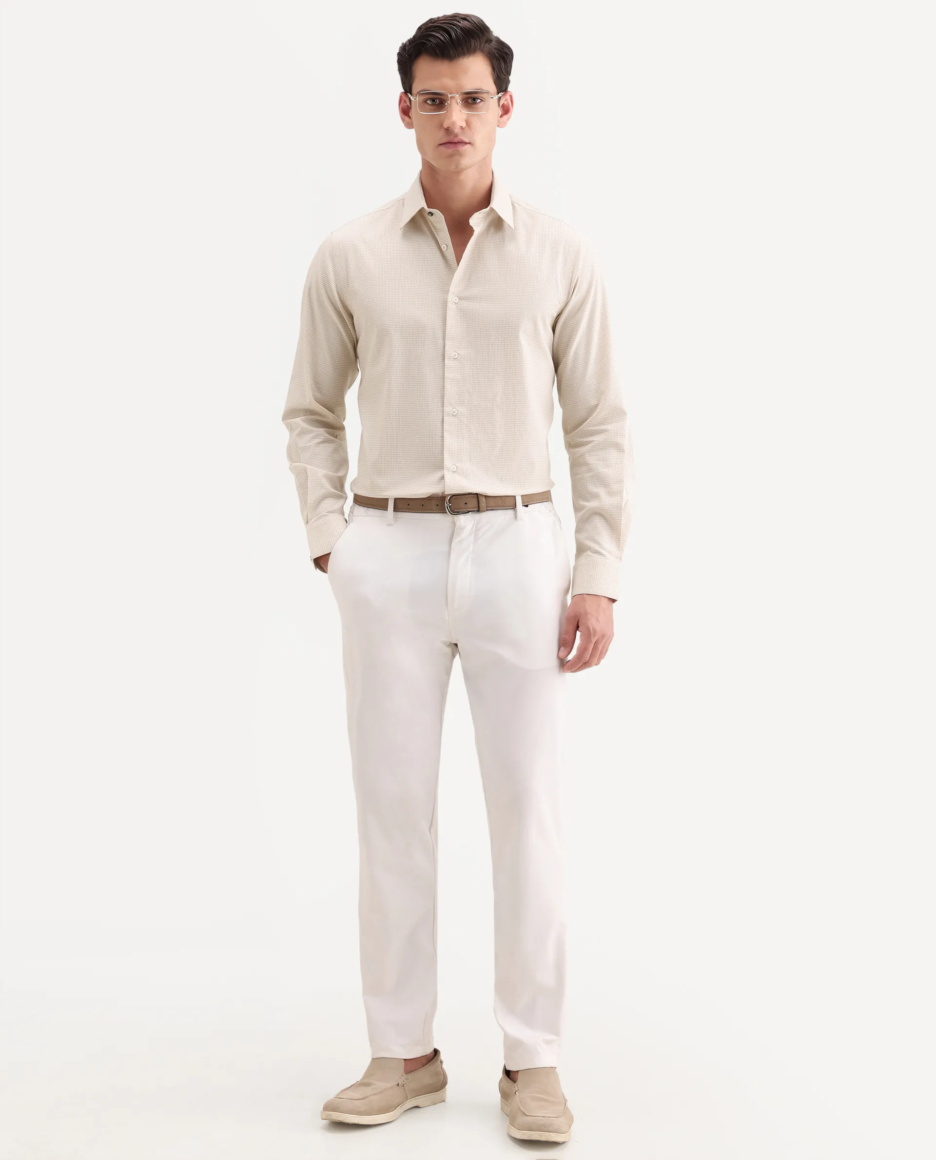 Rare Rabbit Men's Ning Light Beige Cotton Full Sleeve Spread Collar Regular Fit Geometric Shirt - Image 2