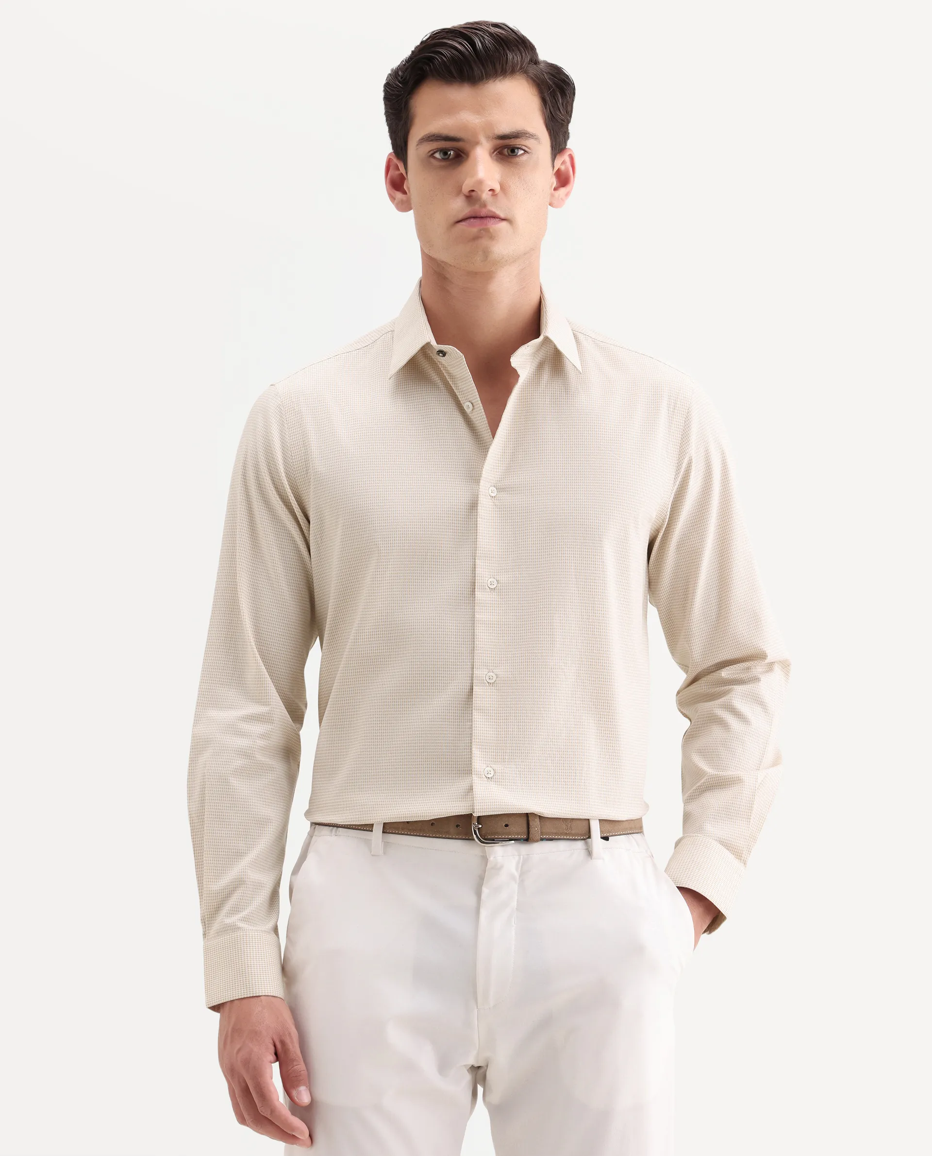 Rare Rabbit Men's Ning Light Beige Cotton Full Sleeve Spread Collar Regular Fit Geometric Shirt - Image 4