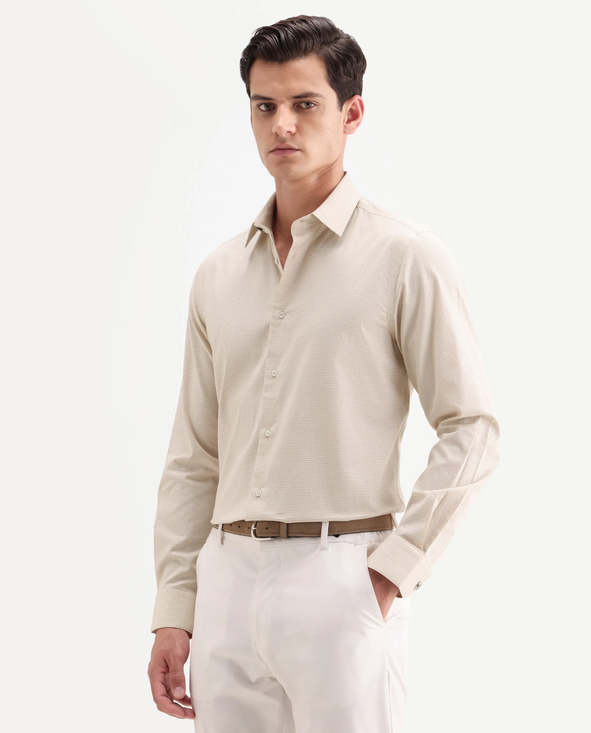 Rare Rabbit Men's Ning Light Beige Cotton Full Sleeve Spread Collar Regular Fit Geometric Shirt - Image 5