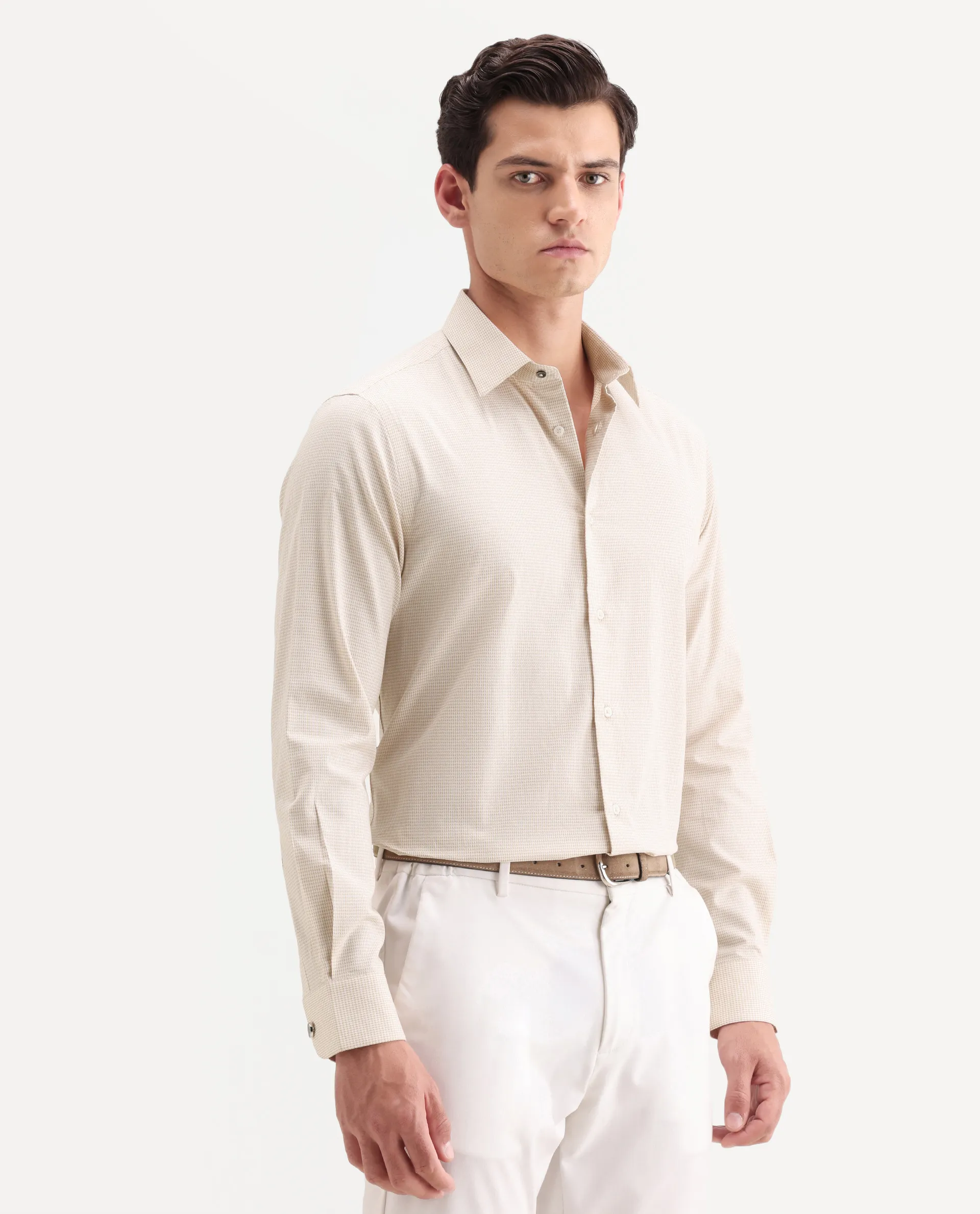 Rare Rabbit Men's Ning Light Beige Cotton Full Sleeve Spread Collar Regular Fit Geometric Shirt - Image 6