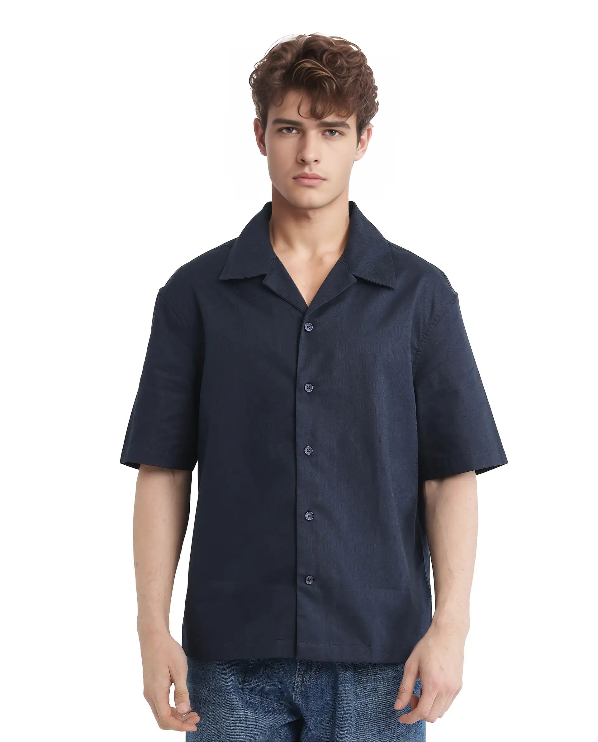 Rare Rabbit Men's Nino Navy Cotton Plain Boxy Fit Half Sleeve Cuban Collar Shirt - Image 2