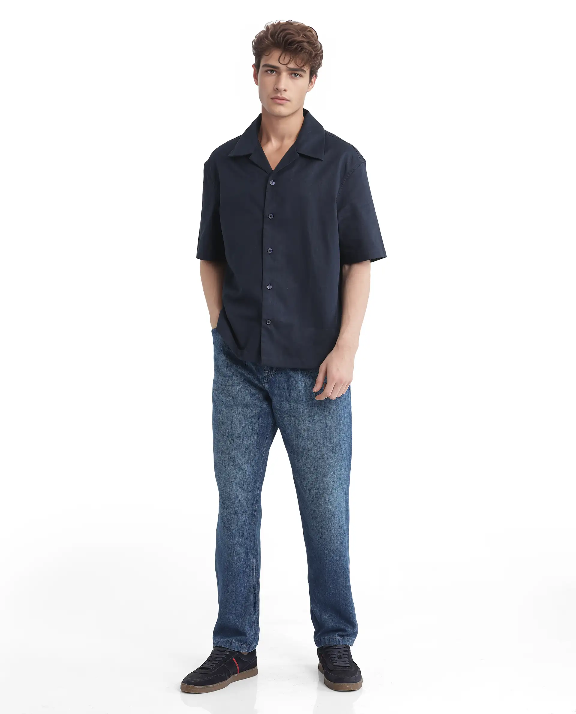 Rare Rabbit Men's Nino Navy Cotton Plain Boxy Fit Half Sleeve Cuban Collar Shirt - Image 3