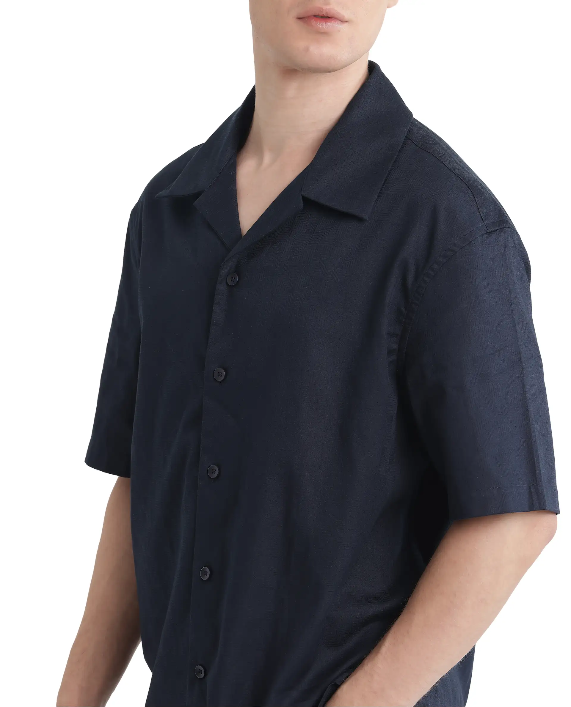 Rare Rabbit Men's Nino Navy Cotton Plain Boxy Fit Half Sleeve Cuban Collar Shirt - Image 4