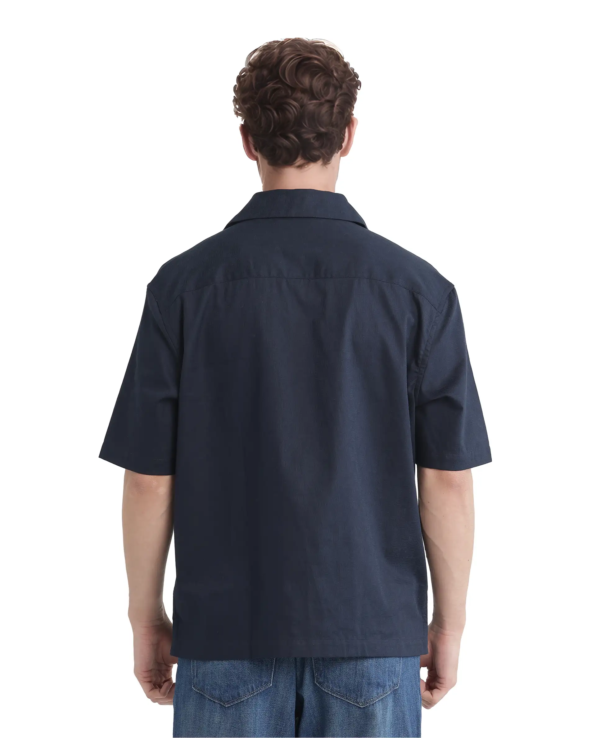 Rare Rabbit Men's Nino Navy Cotton Plain Boxy Fit Half Sleeve Cuban Collar Shirt - Image 5