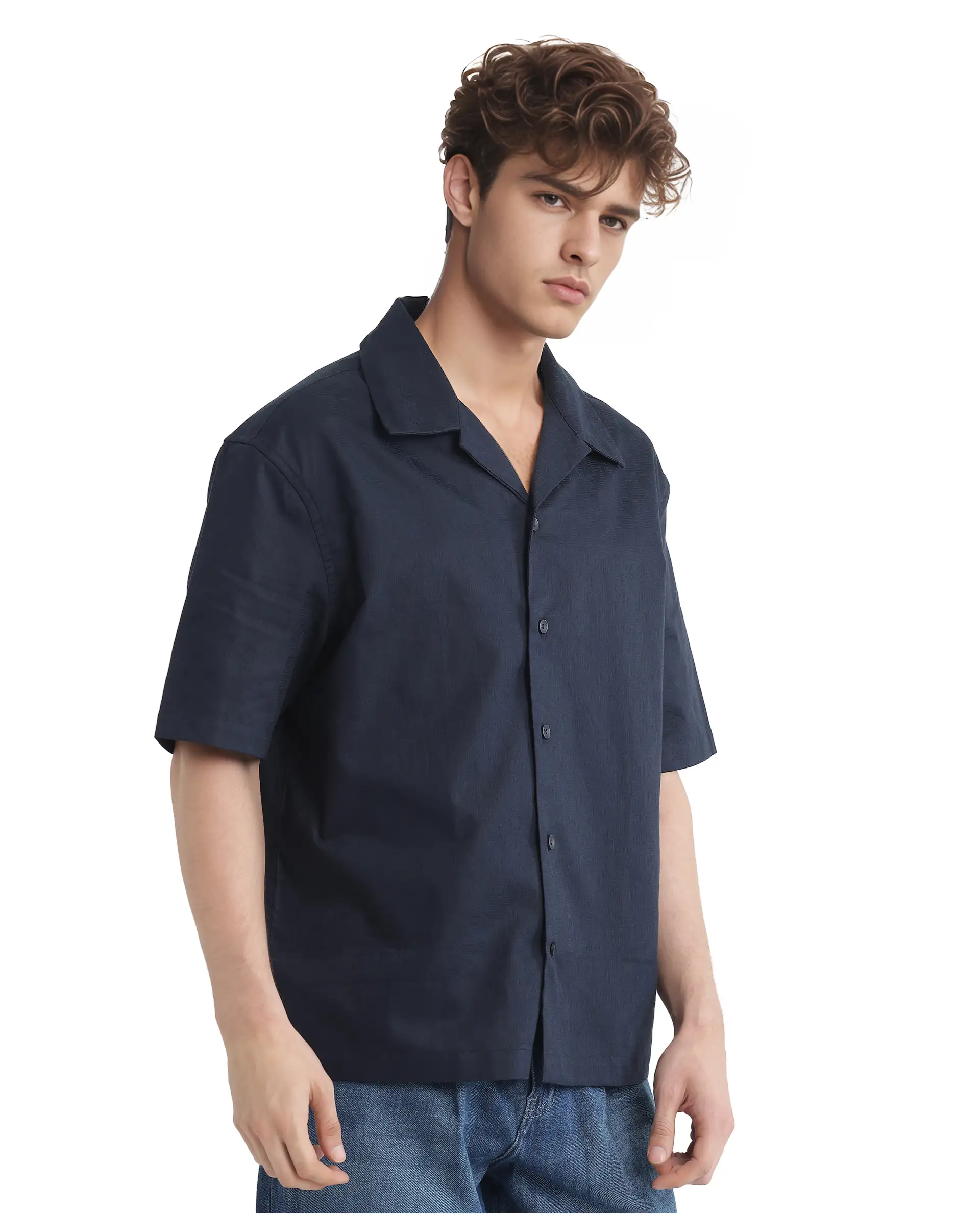 Rare Rabbit Men's Nino Navy Cotton Plain Boxy Fit Half Sleeve Cuban Collar Shirt - Image 6