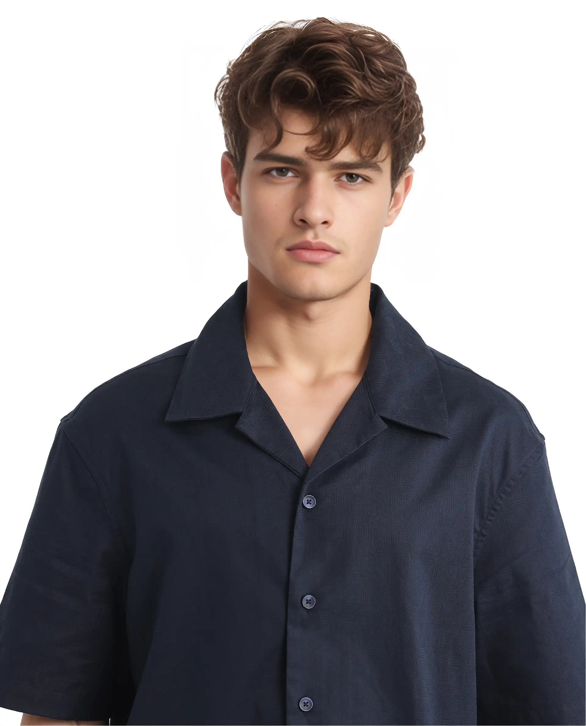 Rare Rabbit Men's Nino Navy Cotton Plain Boxy Fit Half Sleeve Cuban Collar Shirt - Image 7