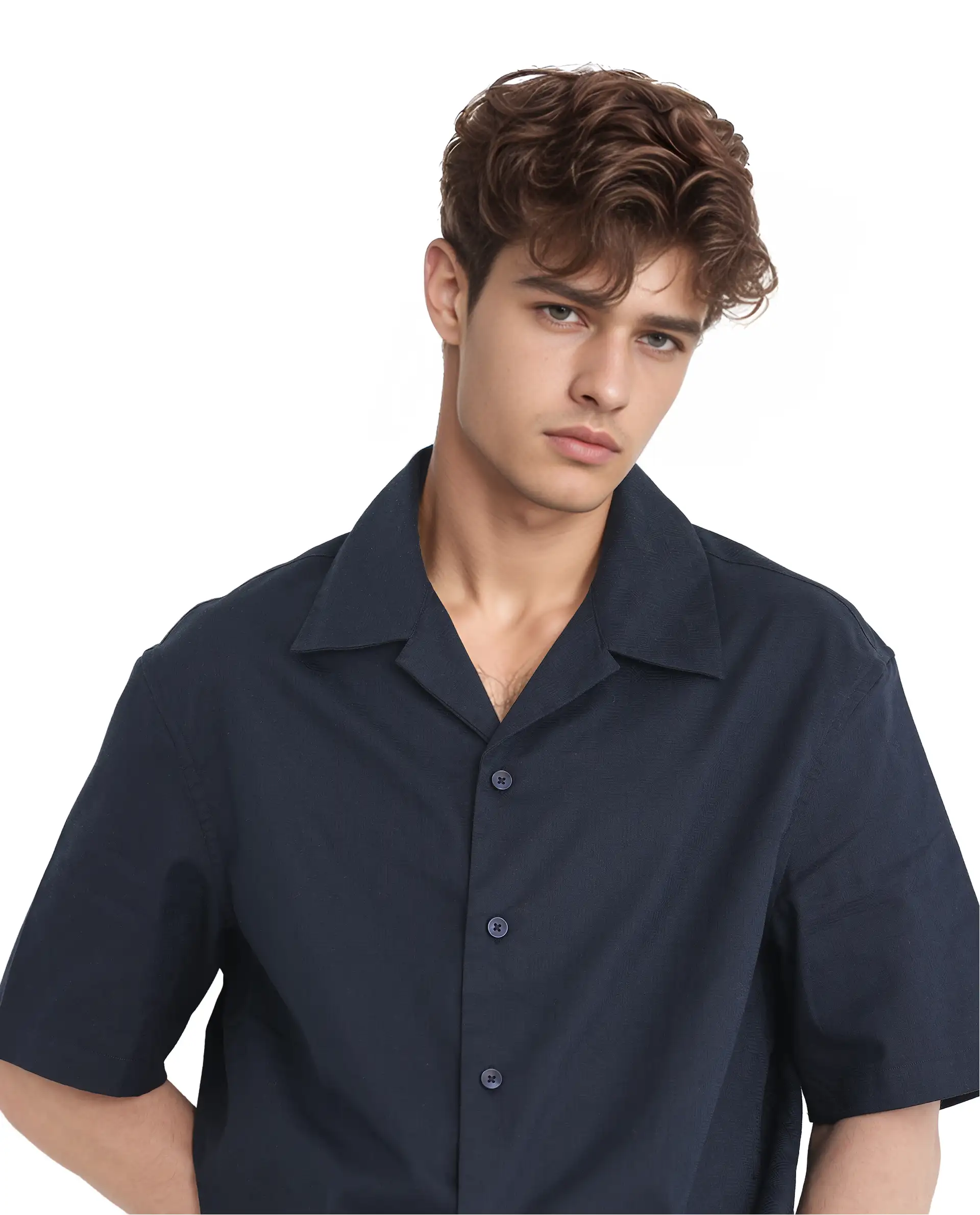 Rare Rabbit Men's Nino Navy Cotton Plain Boxy Fit Half Sleeve Cuban Collar Shirt - Image 8