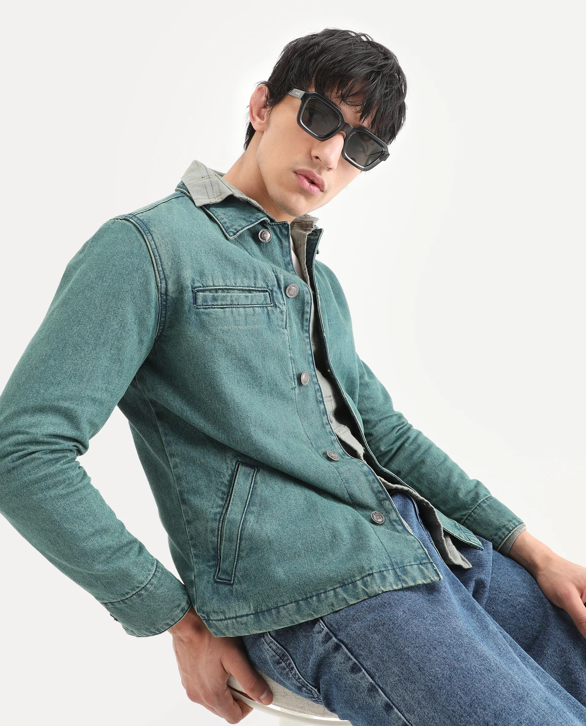 Rare Rabbit Men's Nio Green Cotton Plain Regular Fit Full Sleeve Spread Collar Jacket