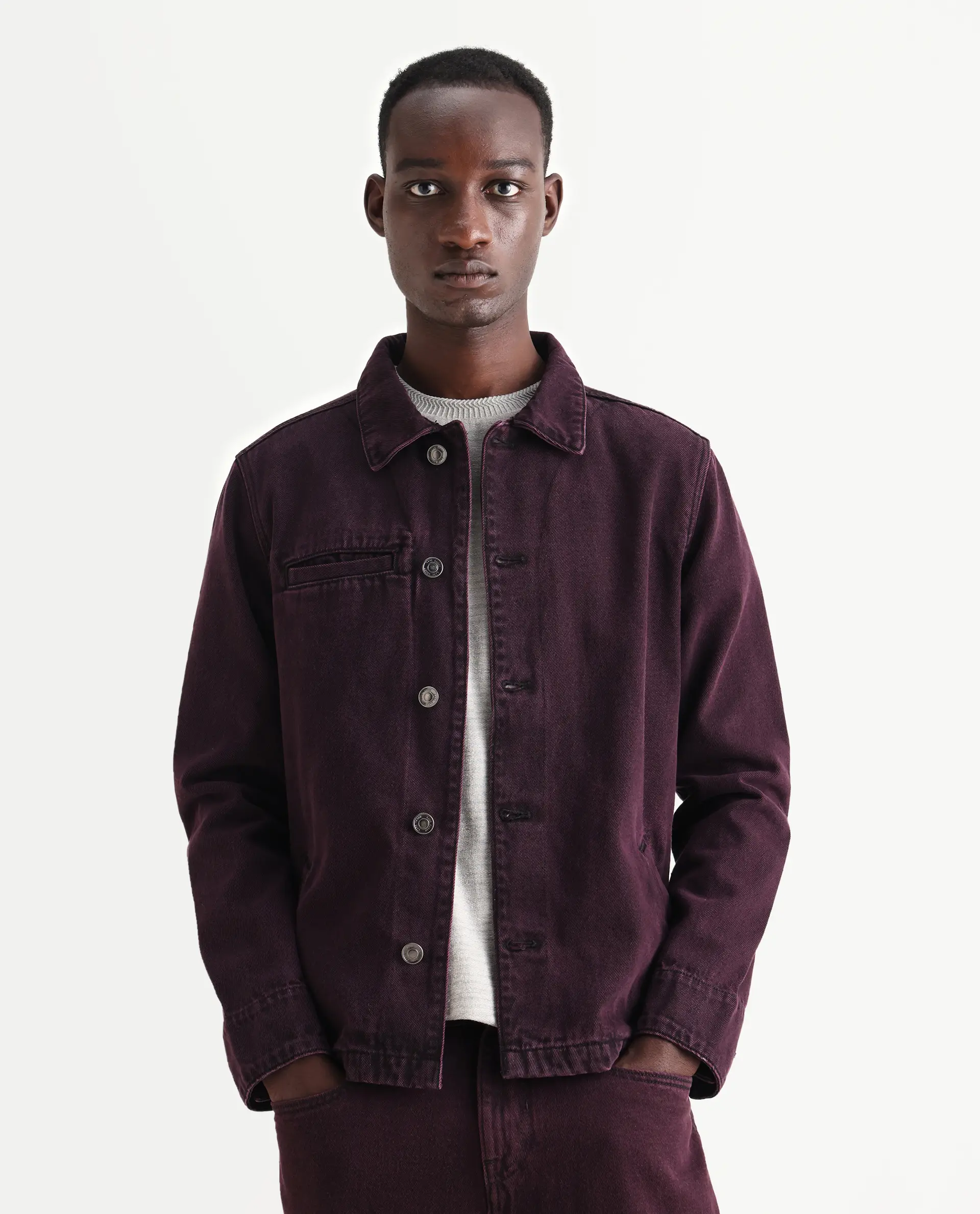 Rare Rabbit Men's Nio Dark Purple Cotton Plain Regular Fit Full Sleeve Spread Collar Jacket - Image 4