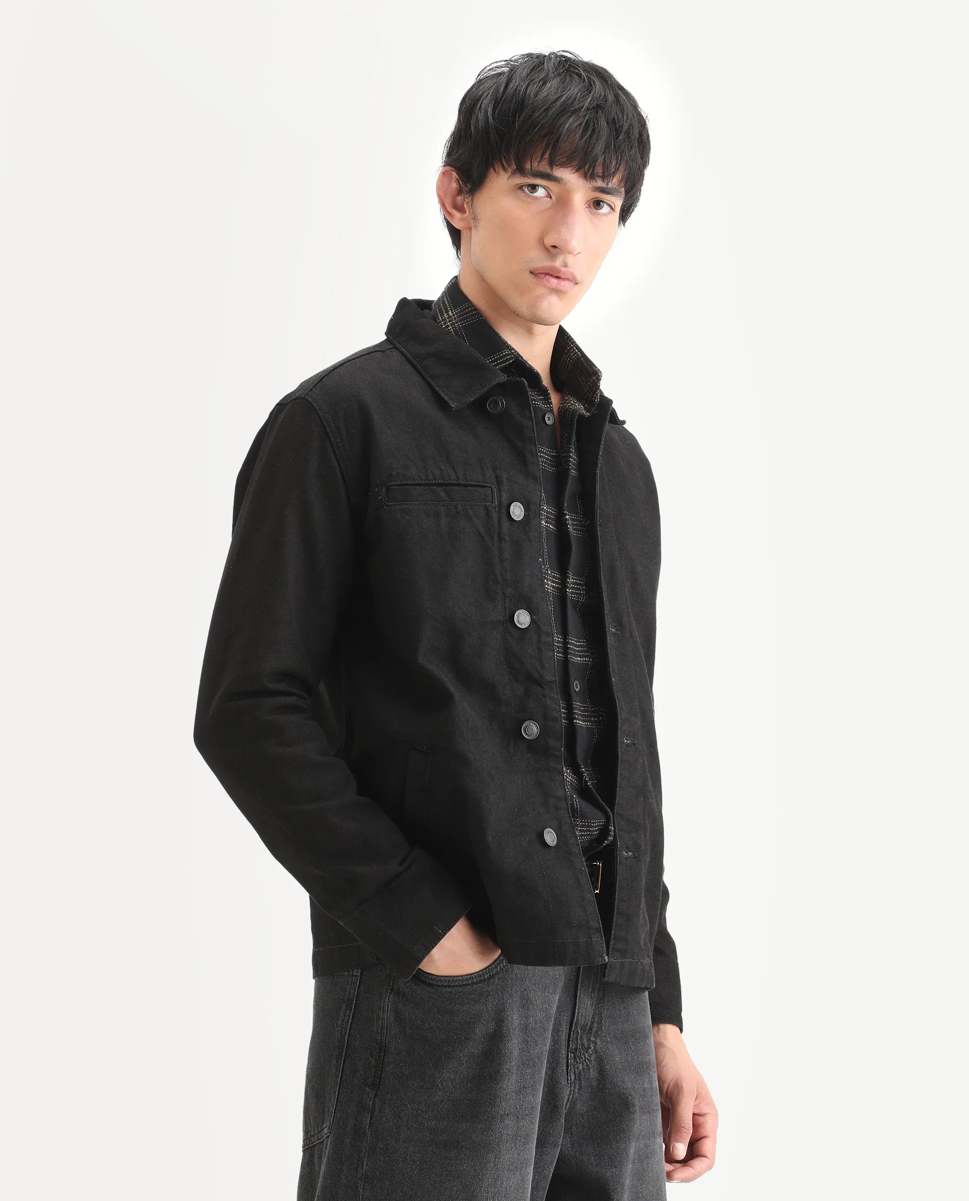 Rare Rabbit Men's Nio Black Cotton Plain Regular Fit Full Sleeve Spread Collar Jacket - Image 5