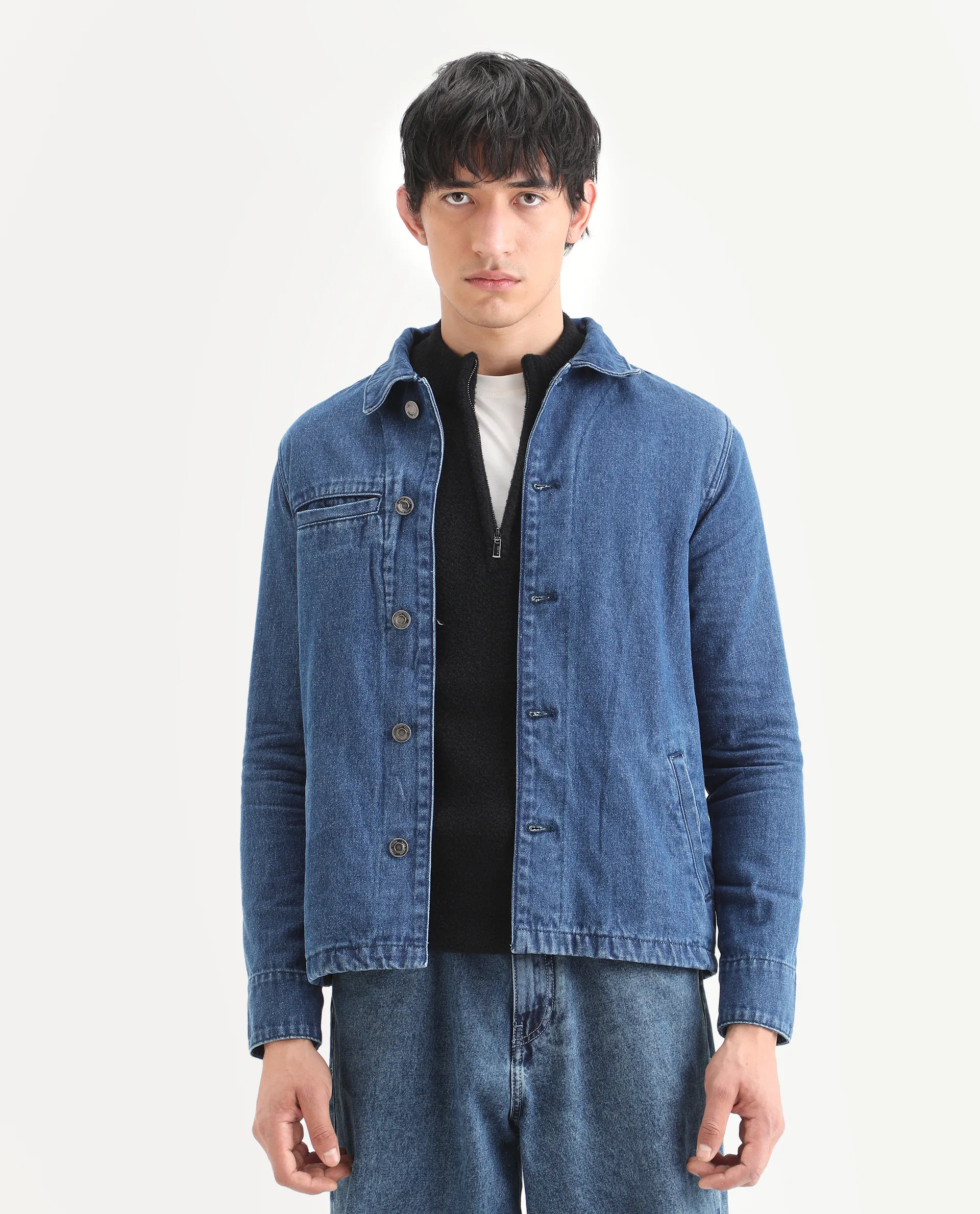 Rare Rabbit Men's Nio Blue Cotton Plain Regular Fit Full Sleeve Spread Collar Jacket - Image 3