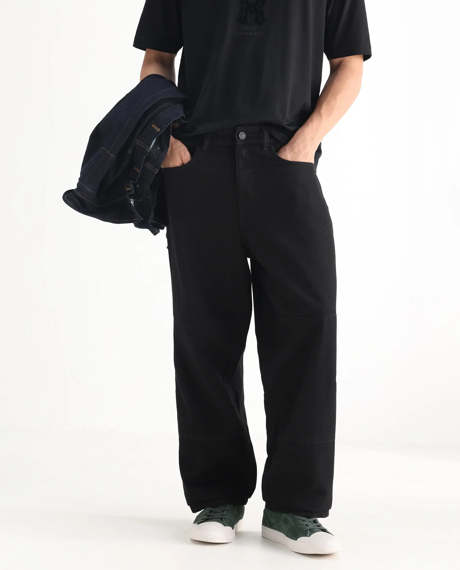 Rare Rabbit Men's Niot Black Cotton Plain Baggy Fit Jeans - Image 2