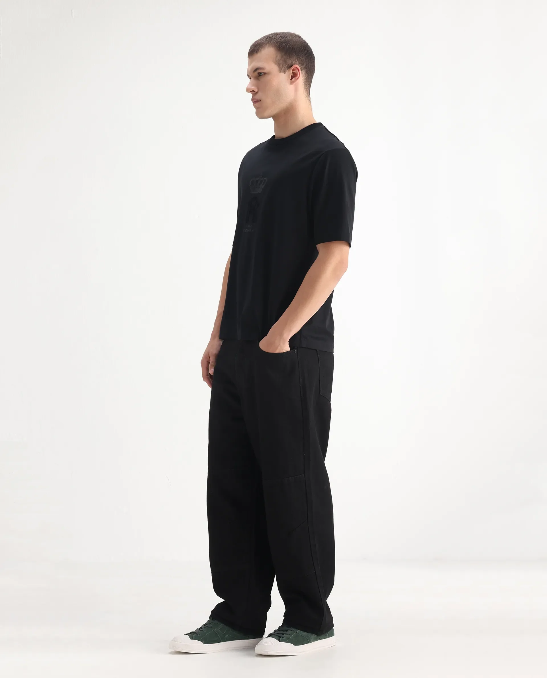 Rare Rabbit Men's Niot Black Cotton Plain Baggy Fit Jeans - Image 3