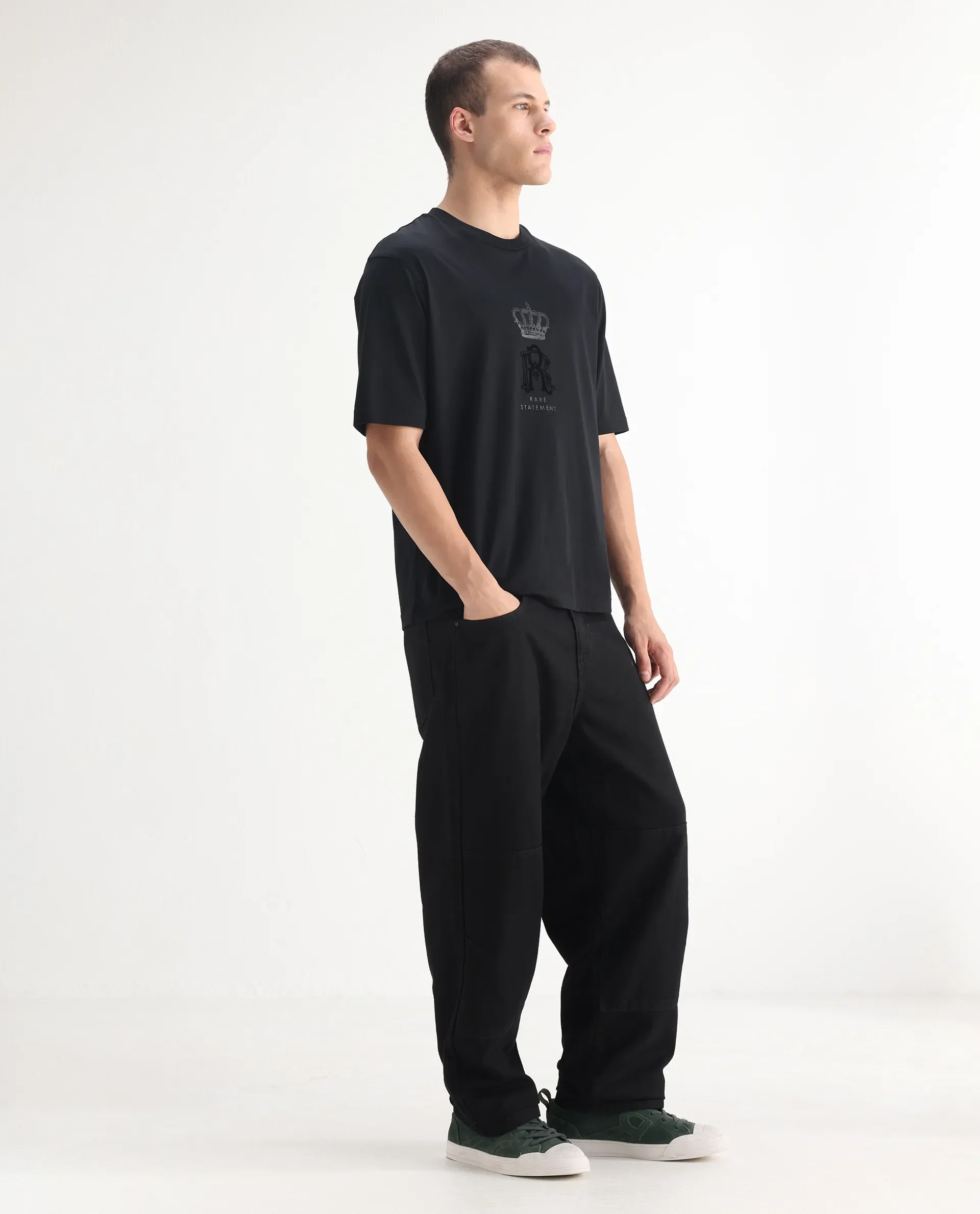 Rare Rabbit Men's Niot Black Cotton Plain Baggy Fit Jeans - Image 5