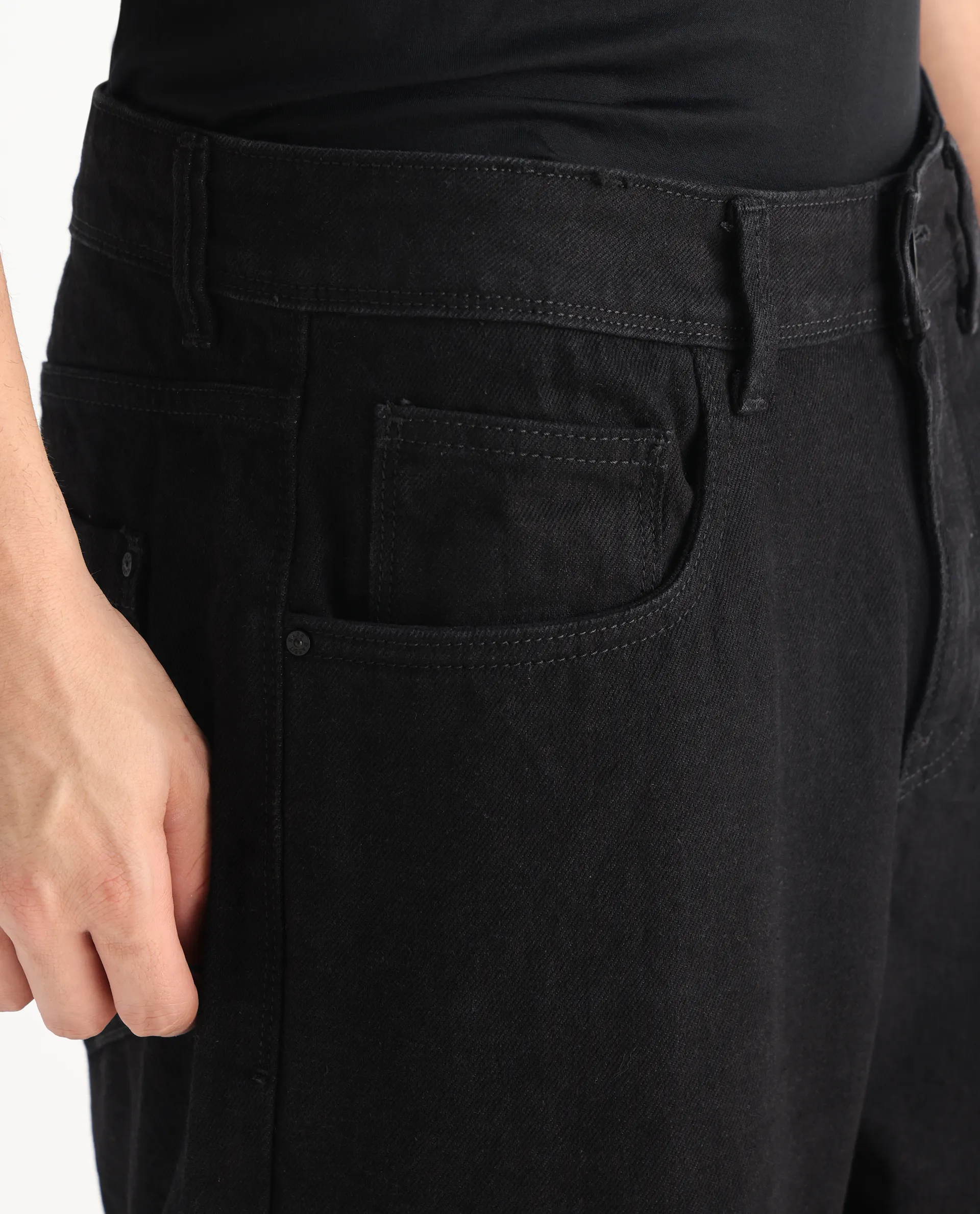 Rare Rabbit Men's Niot Black Cotton Plain Baggy Fit Jeans - Image 7