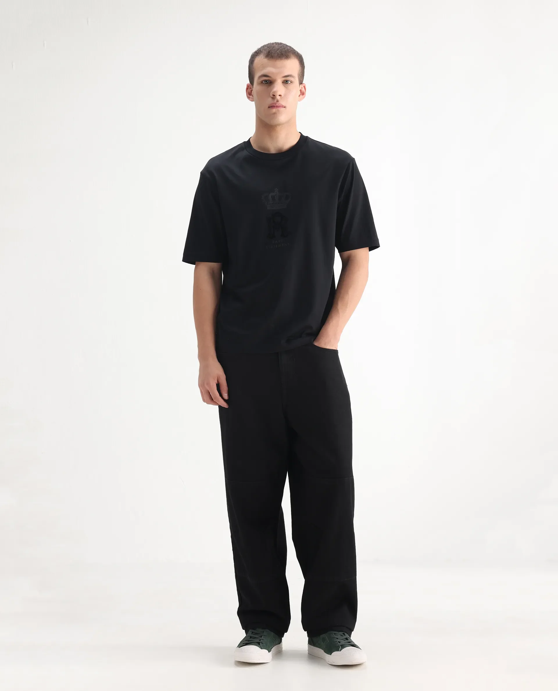 Rare Rabbit Men's Niot Black Cotton Plain Baggy Fit Jeans - Image 8