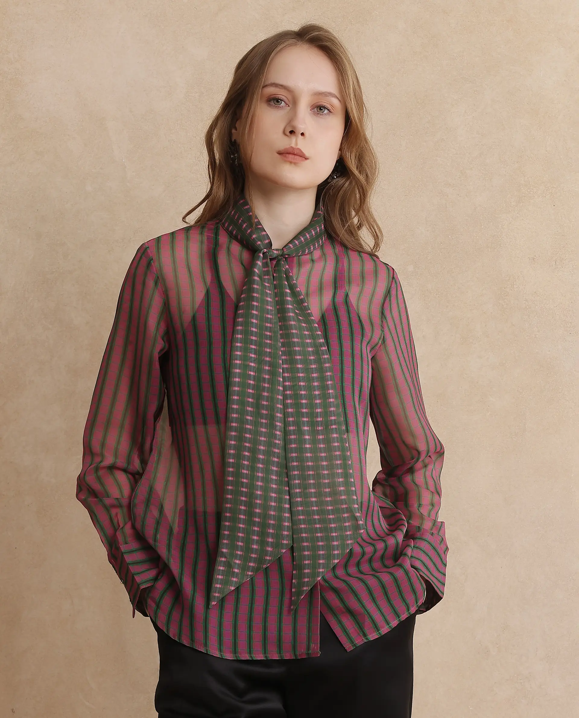 Rareism Women's Nioro Multi Polyester Tie-Up Neck Flannel Print Volume Sleeve Relaxed Fit Top